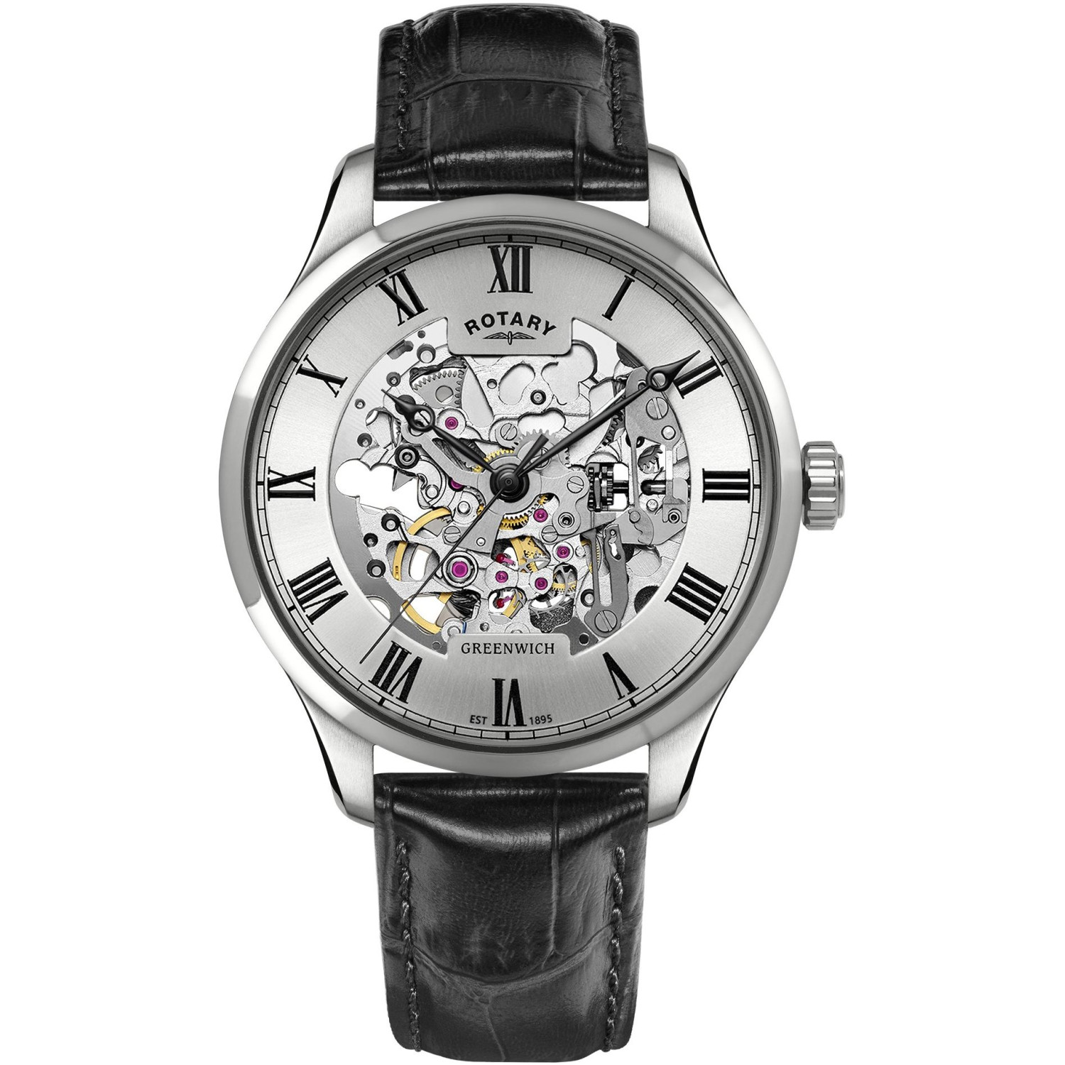 Rotary Greenwich GS02940/06 - męski zegarek szkieletowy z odsłoniętym mechanizmem automatycznym i czarnym paskiem croco