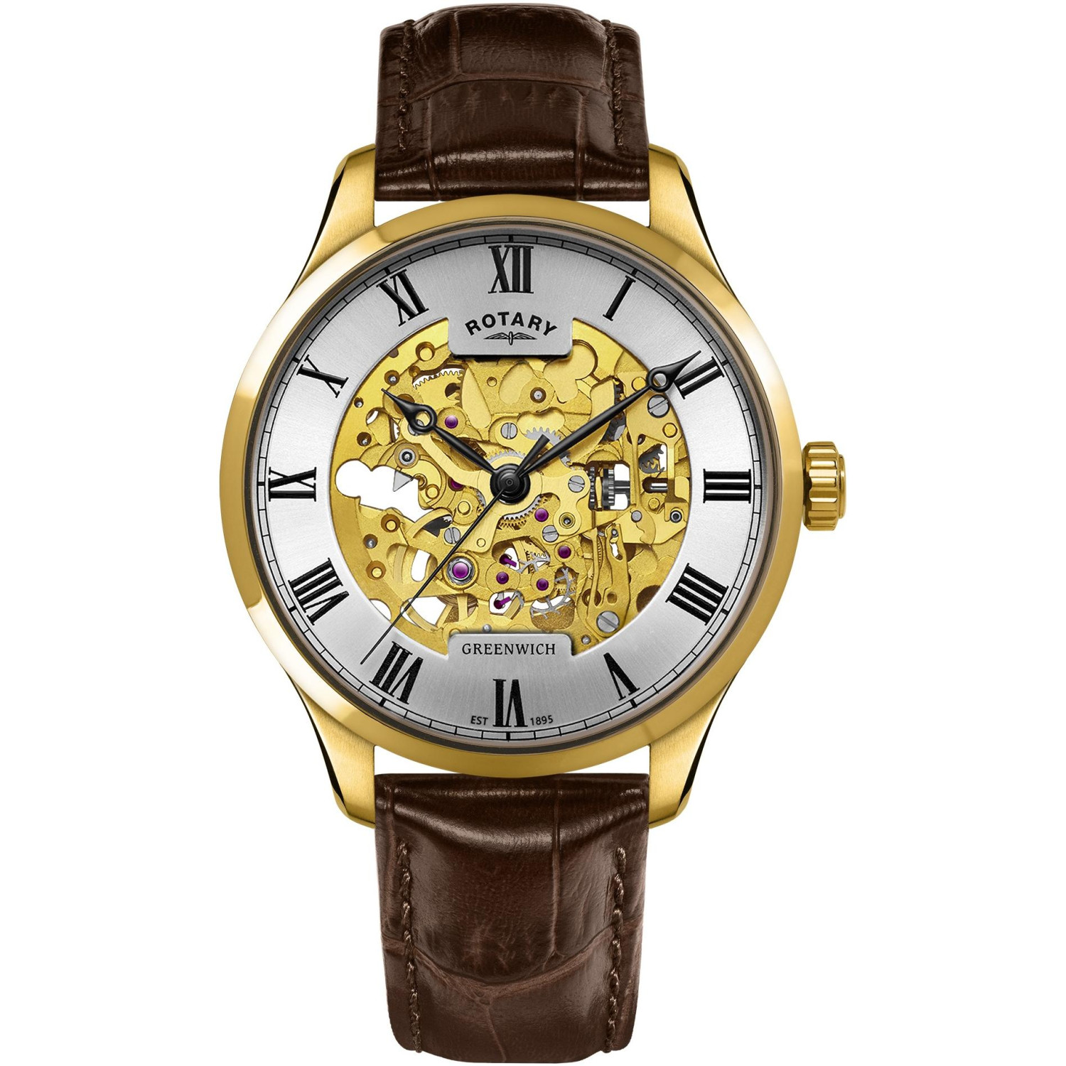 Rotary Greenwich GS02941/03 - męski złoty zegarek szkieletowy z brązowym paskiem croco