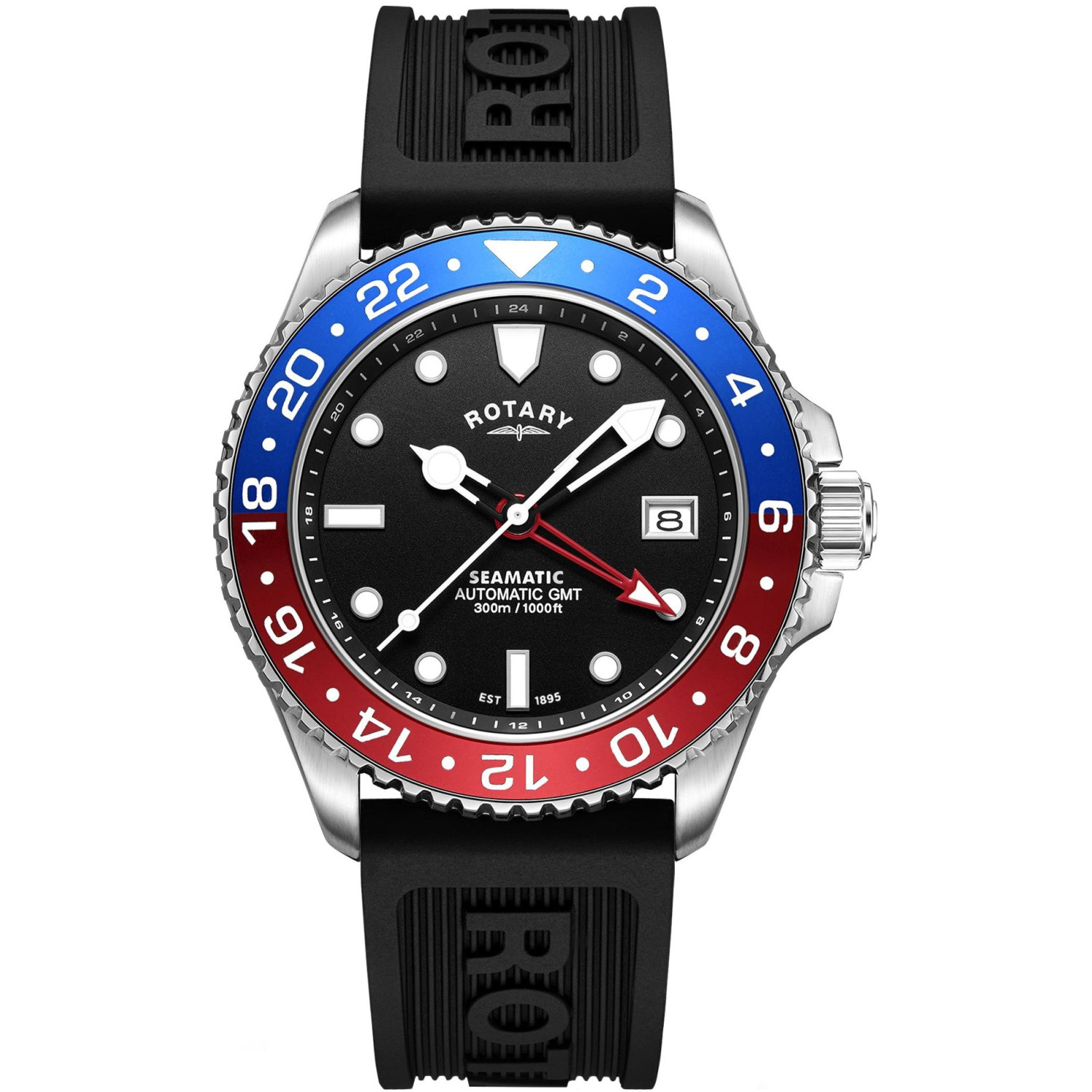 Rotary Seamatic 300 GMT GS04378/95 - męski zegarek do nurkowania z bezelem GMT pepsi i czarnym paskiem silikonowym