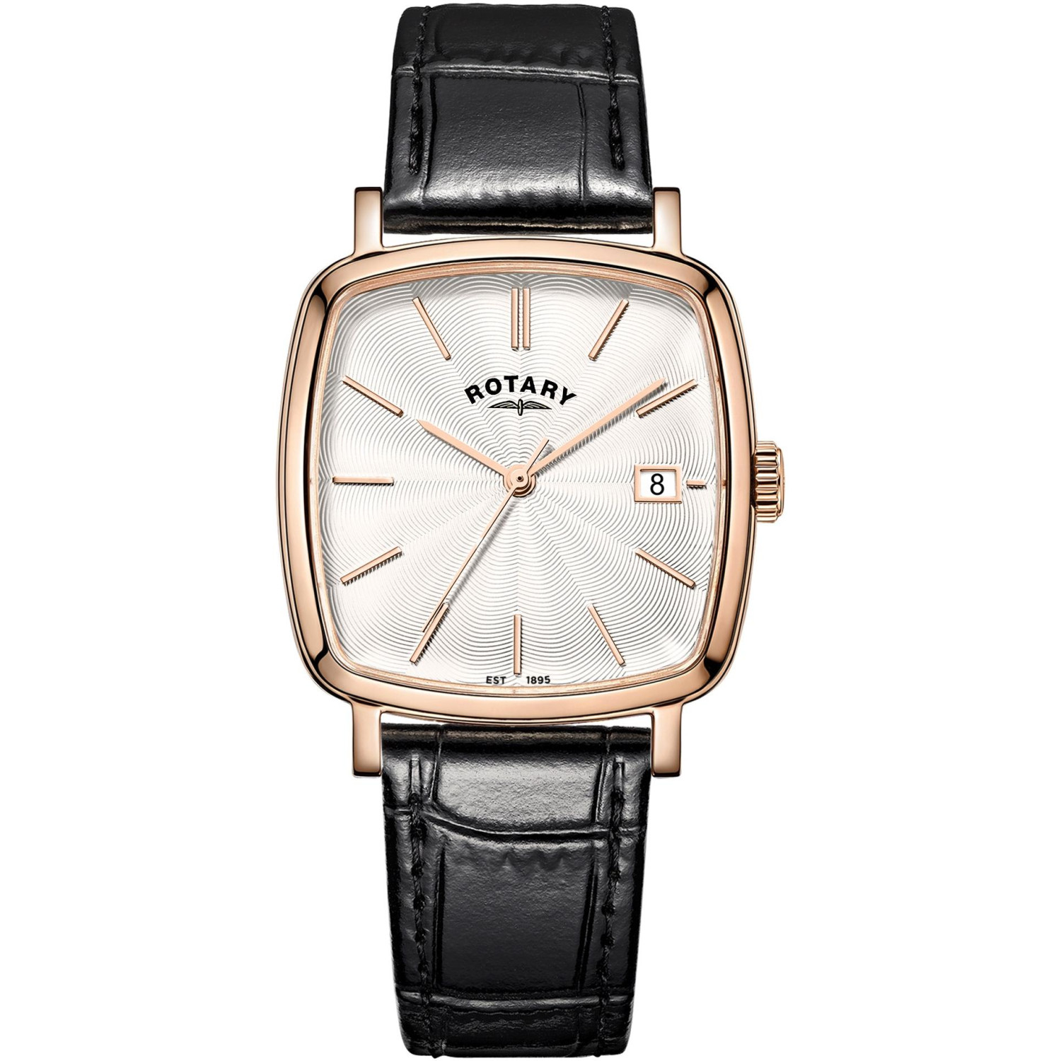 Rotary Heritage Astoria GS05309/01 - męski zegarek w kwadratowej kopercie z różowego złota z białą tarczą guilloche i czarnym paskiem