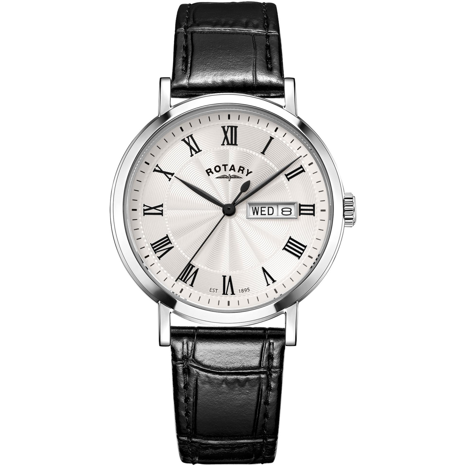 Rotary Windsor GS05420/01 - męski klasyczny zegarek z białą tarczą guilloche, rzymskimi cyframi i czarnym paskiem