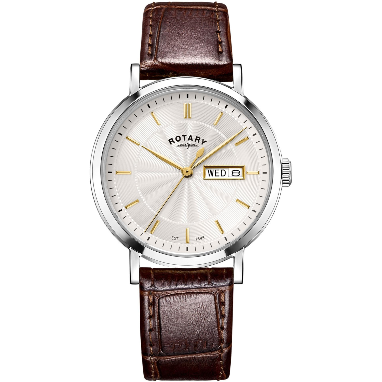 Rotary Windsor GS05420/02 - męski klasyczny zegarek ze srebrną tarczą guilloche, złotymi indeksami i brązowym paskiem