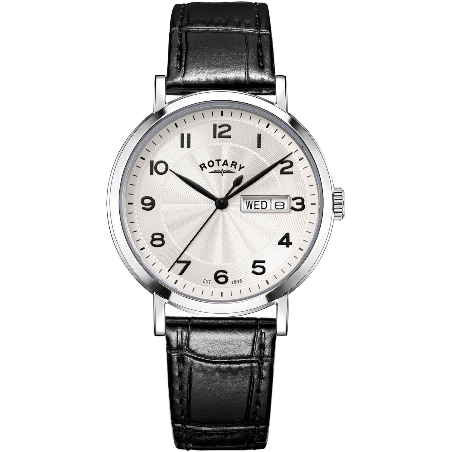 Rotary Windsor GS05420/22 - męski klasyczny zegarek z białą tarczą, cyframi arabskimi i czarnym paskiem