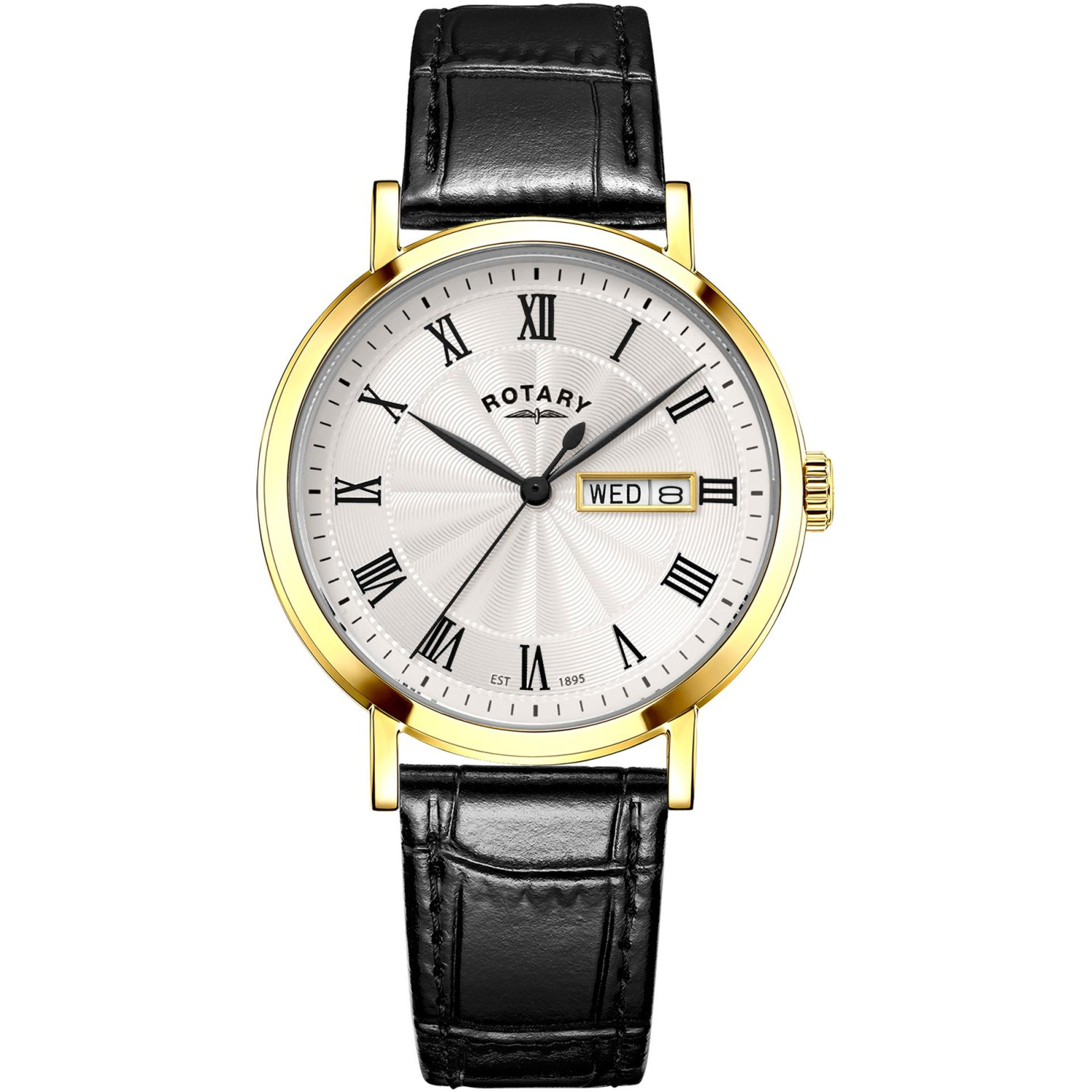 Rotary Windsor GS05423/01 - męski złoty zegarek z białą tarczą guilloche, rzymskimi cyframi i czarnym paskiem
