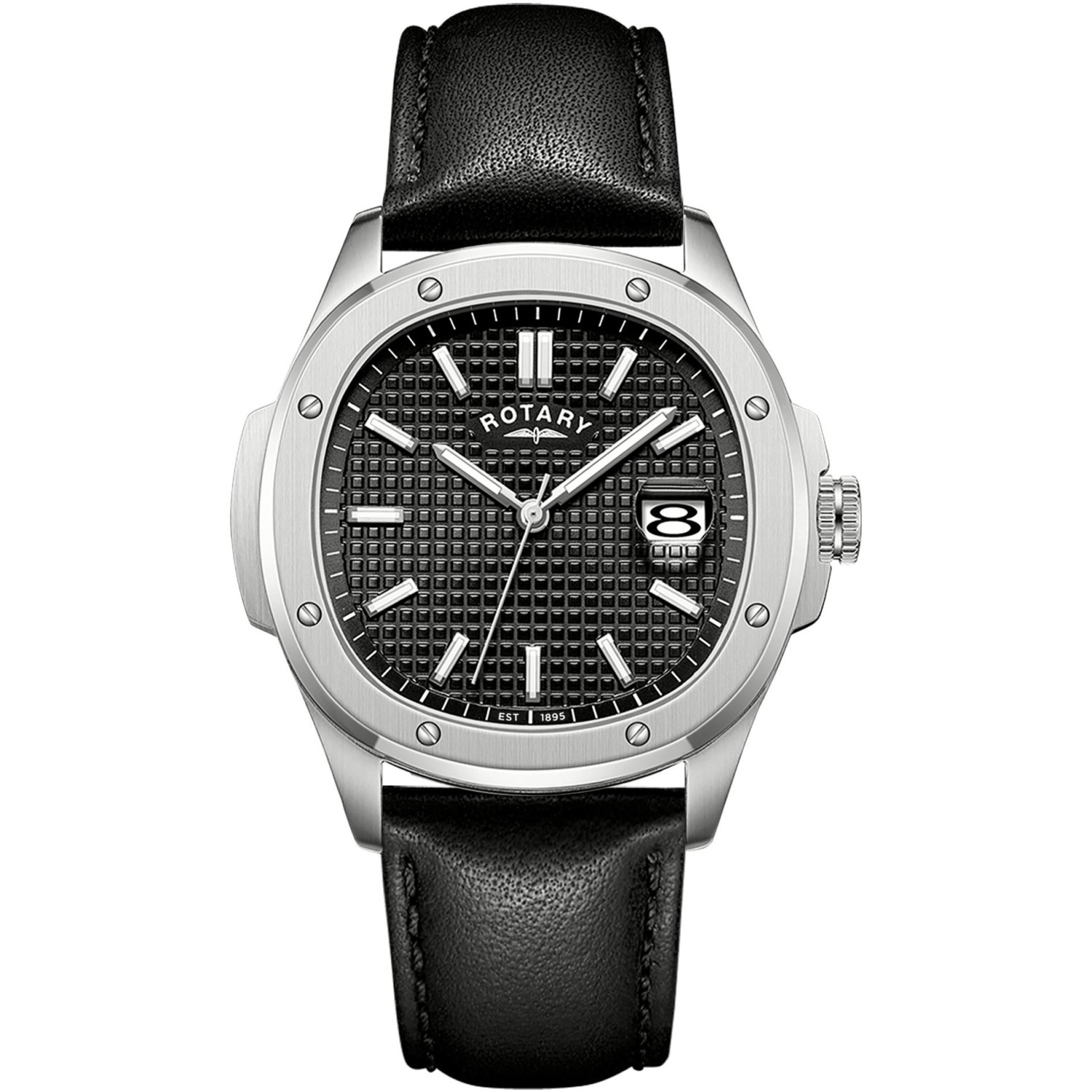 Rotary GS05575/04 - męski zegarek sportowo-elegancki z czarną tarczą waffle, śrubami na pierścieniu i czarnym paskiem