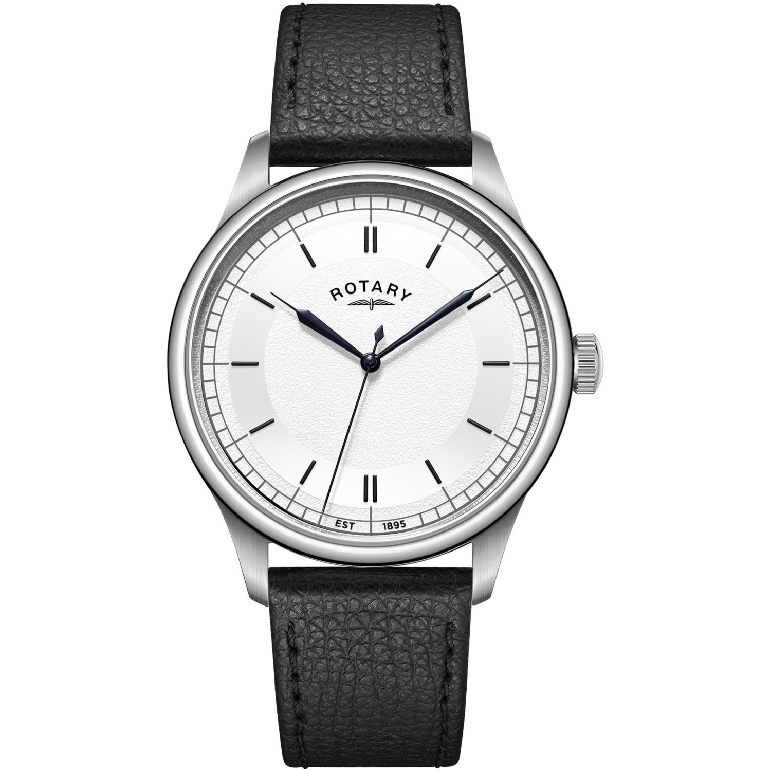 Rotary Heritage GS05980/06 - męski zegarek klasyczny w stylu retro ze srebrną tarczą, granatowymi wskazówkami i czarnym paskiem skórzanym