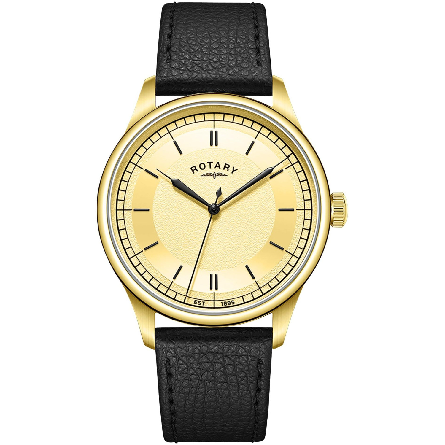 Rotary Heritage GS05983/03 - męski zegarek retro w złotej kopercie PVD z szampańską tarczą sektorową i czarnym paskiem skórzanym