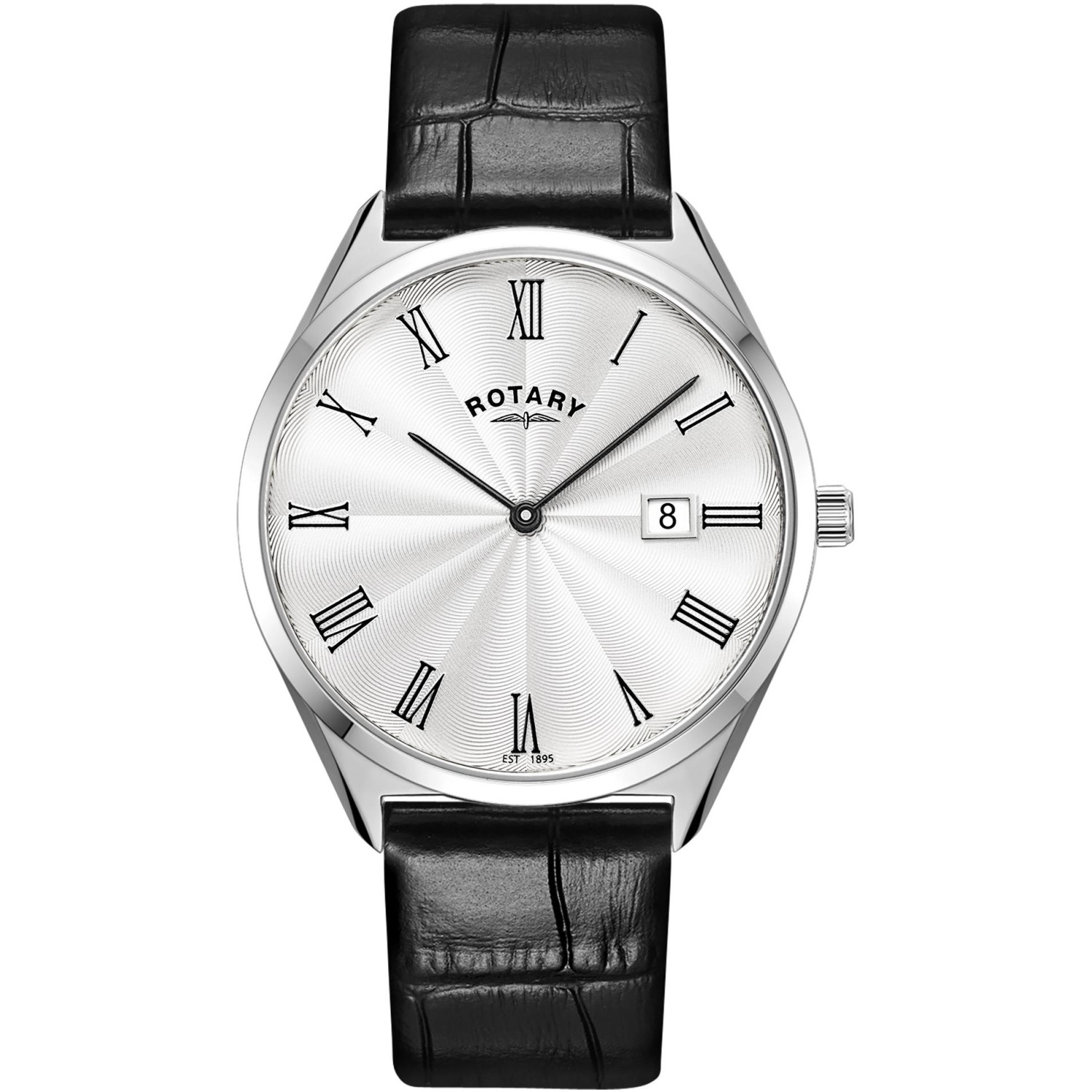 Rotary Ultra Slim GS08010/01 - męski zegarek klasyczny o grubości 5,7 mm ze srebrną tarczą guilloche i czarnym paskiem skórzanym