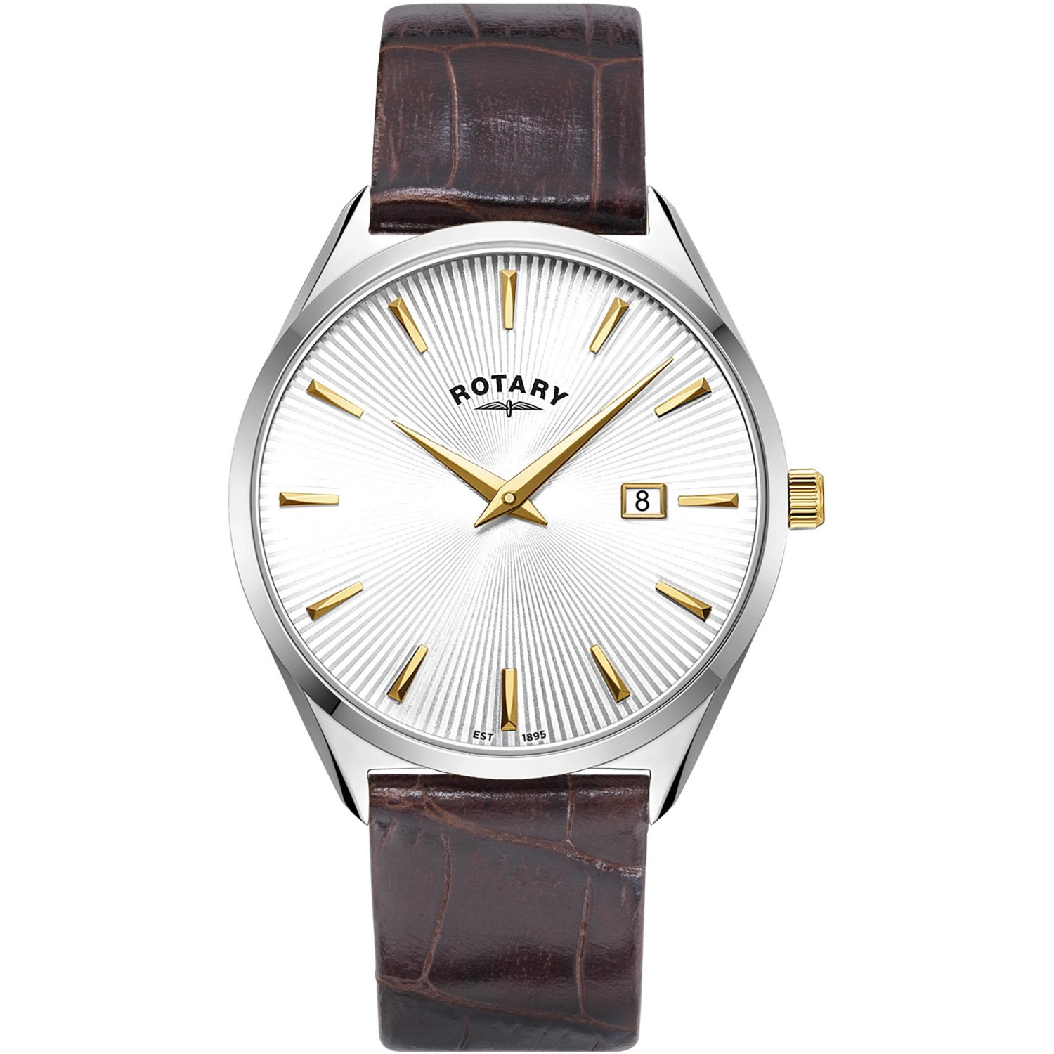 Rotary Ultra Slim GS08010/02 - męski smukły zegarek ze srebrną tarczą, złotymi indeksami i brązowym paskiem