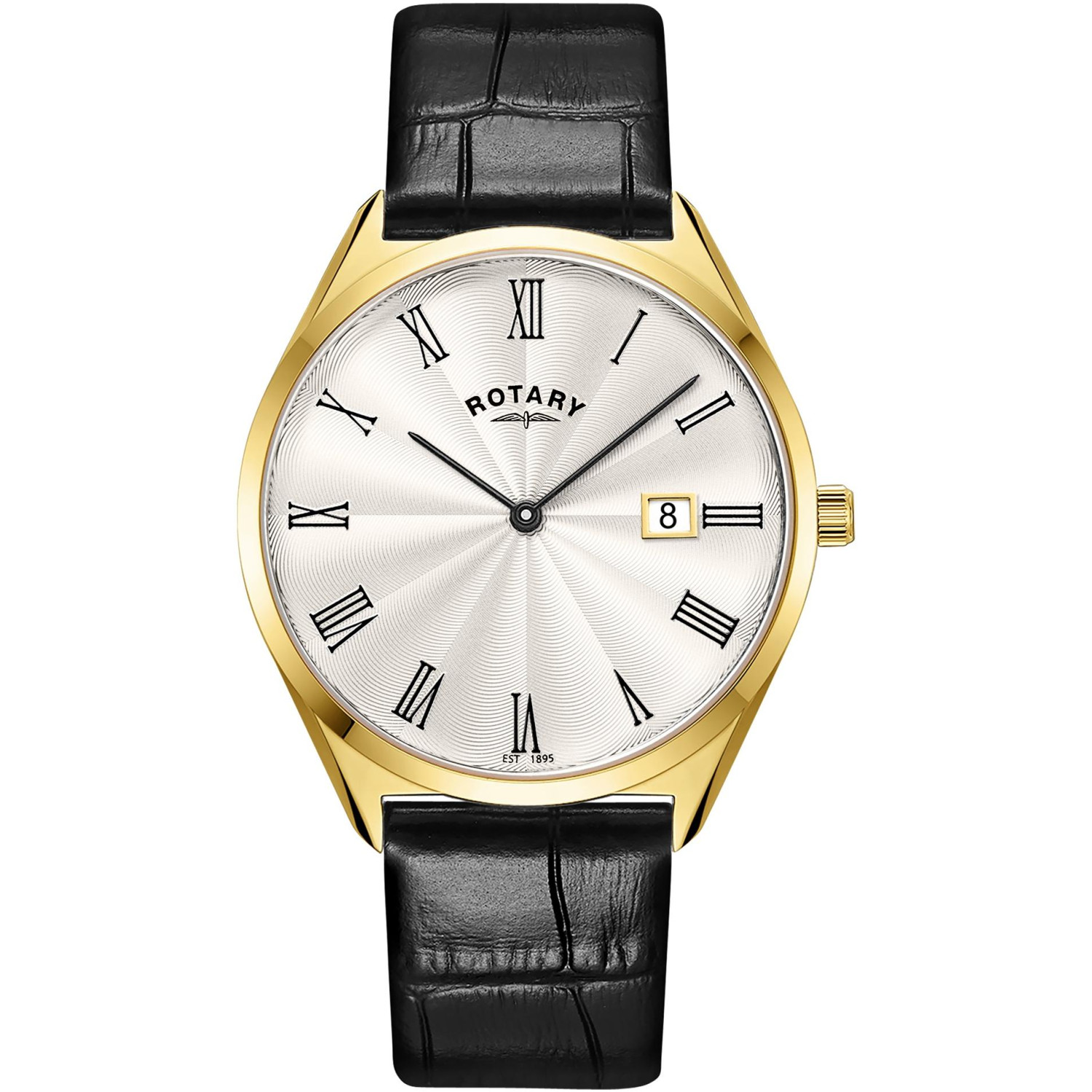 Rotary Ultra Slim GS08013/01 - męski zegarek o grubości 5,7 mm w złotej kopercie PVD ze srebrną tarczą guilloche i czarnym paskiem
