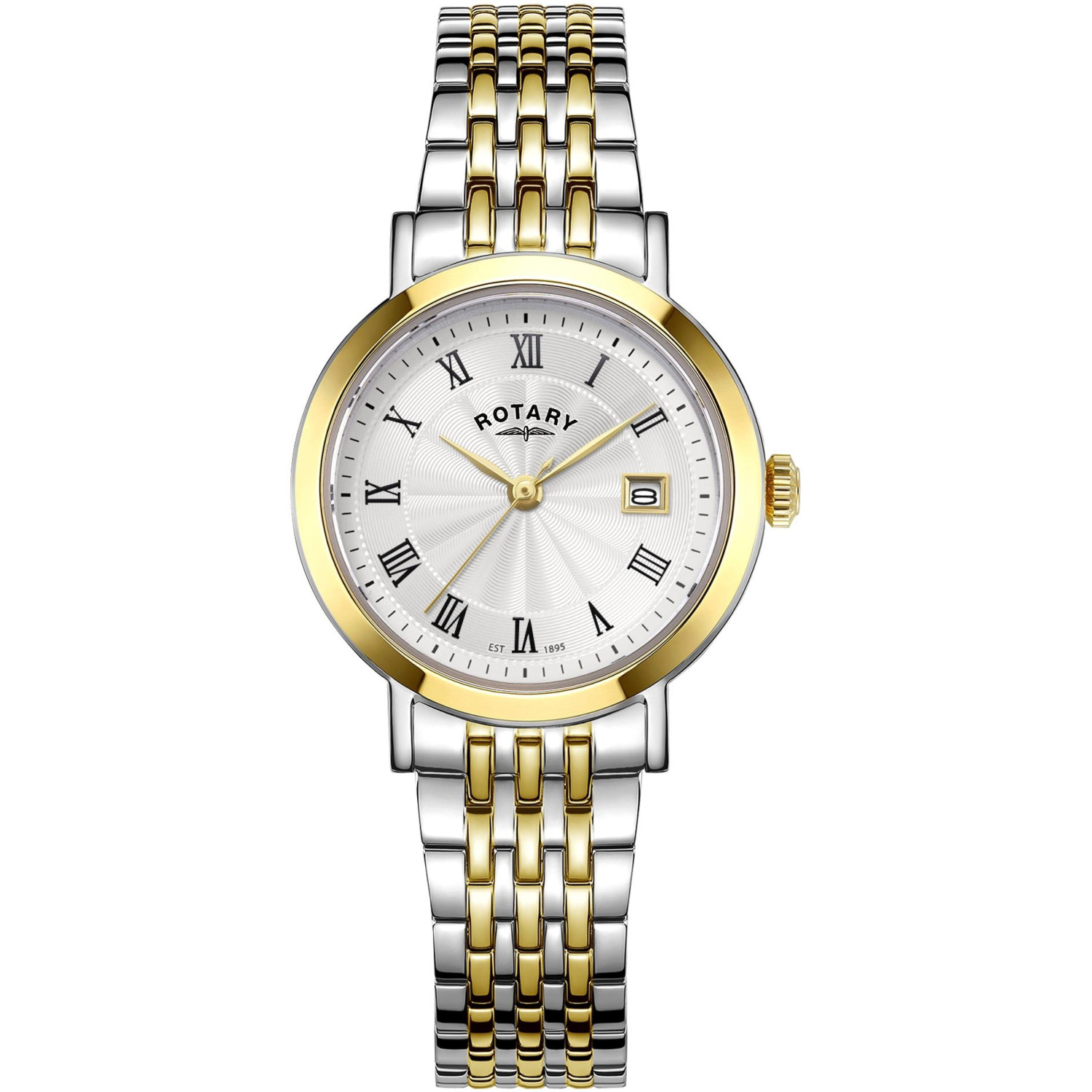 Rotary Windsor LB05421/01 - damski dwutonowy zegarek z białą tarczą guilloche i rzymskimi cyframi