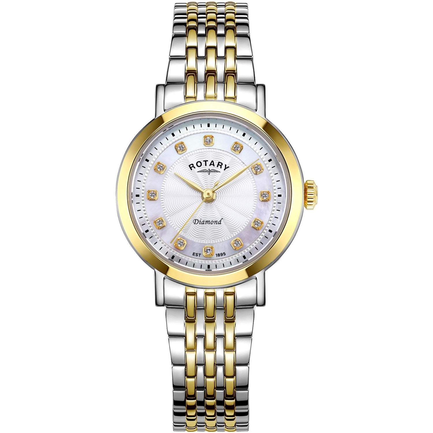 Rotary Windsor Diamond LB05421/41/D - damski dwutonowy zegarek z masą perłową i 12 diamentami