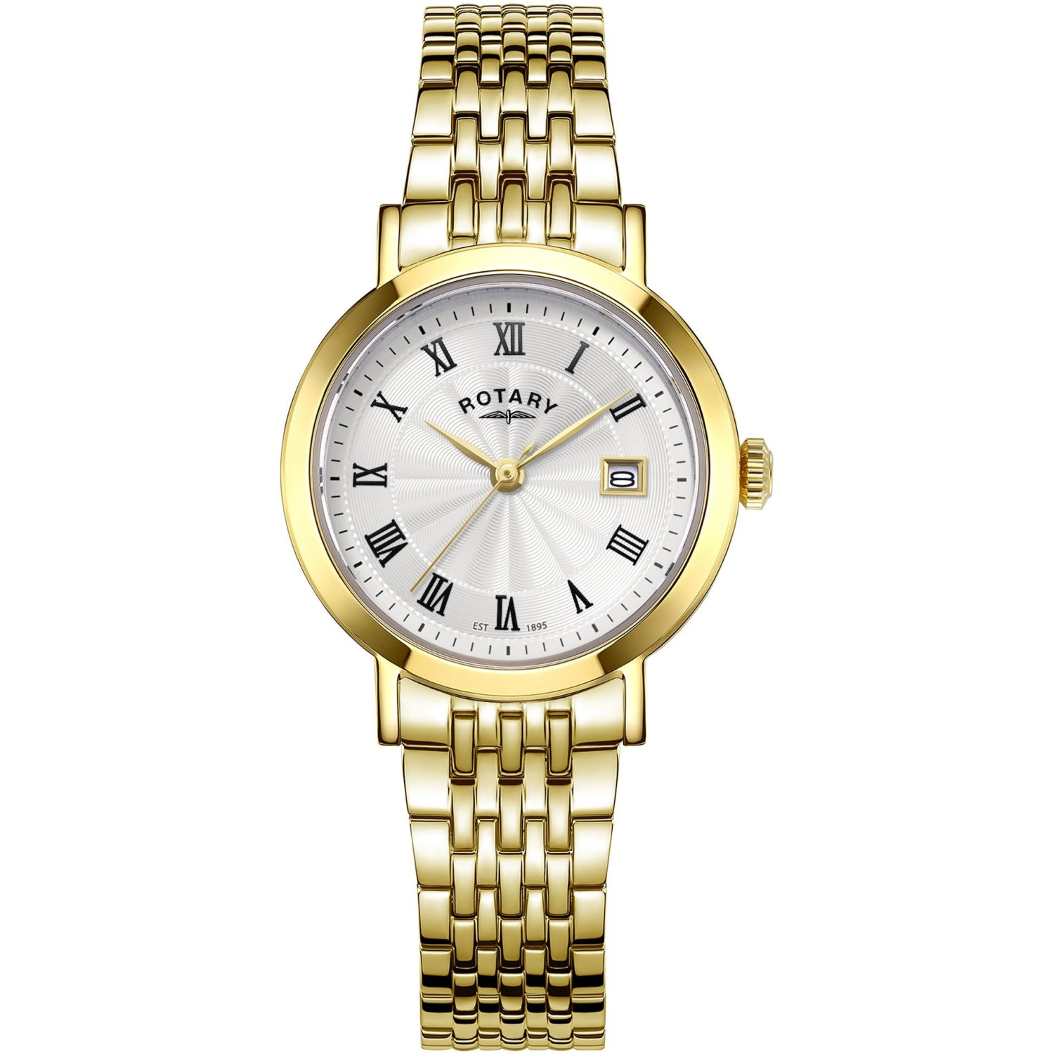 Rotary Heritage LB05423/01 - damski złoty zegarek z białą tarczą guilloche, rzymskimi cyframi i złotą bransoletą