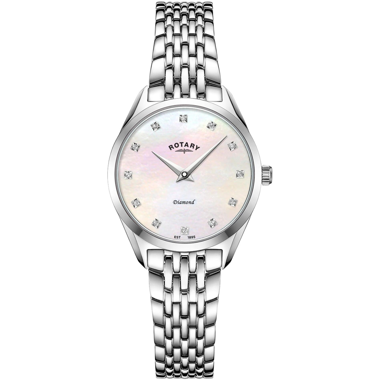 Rotary Ultra Slim Diamond LB08010/07/D - damski zegarek z tarczą z białej masy perłowej, 12 diamentami i stalową bransoletą