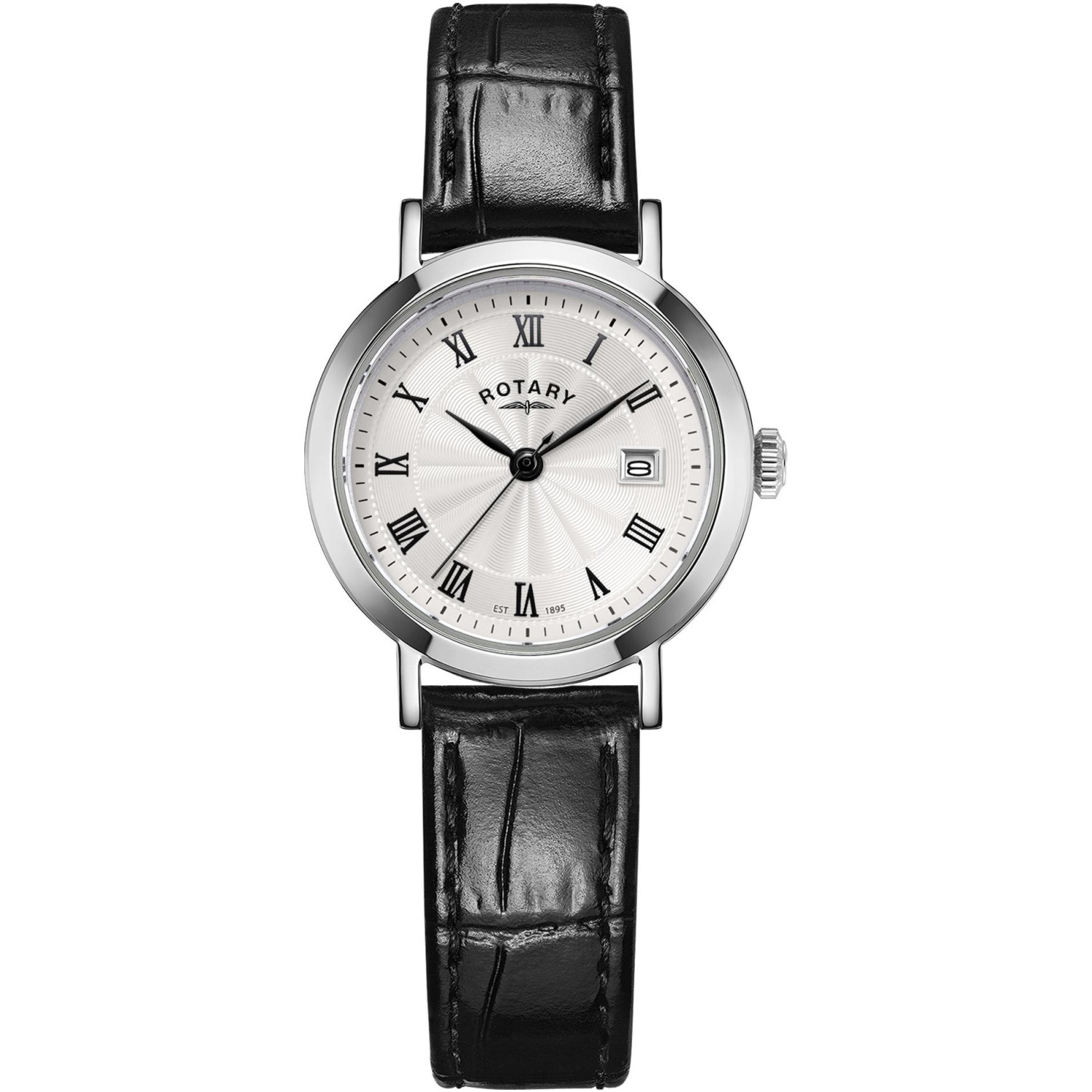 Rotary Heritage LS05420/01 - damski zegarek klasyczny z białą tarczą guilloche, rzymskimi cyframi i czarnym paskiem skórzanym