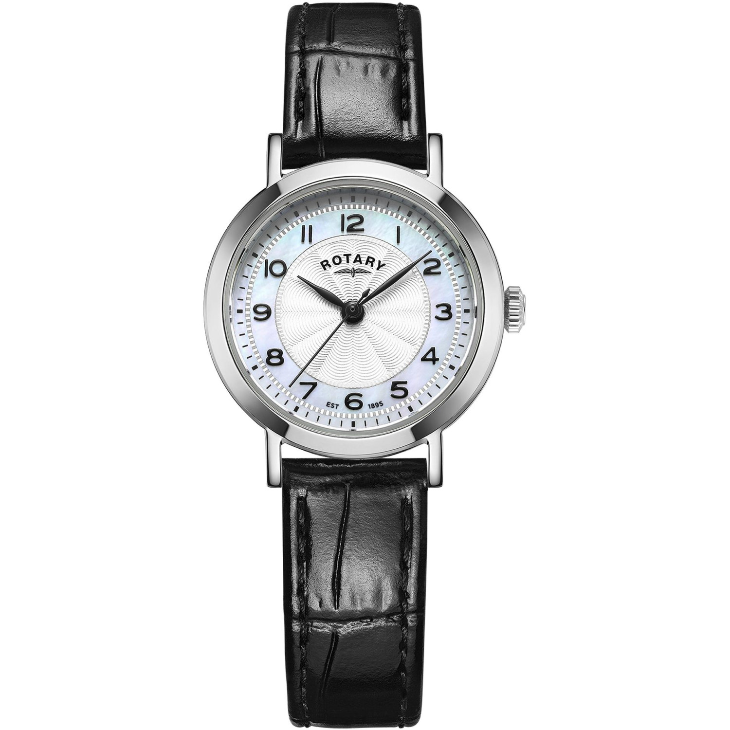 Rotary Heritage LS05420/68 - damski zegarek klasyczny z tarczą z masy perłowej, czarnymi cyframi i czarnym paskiem skórzanym