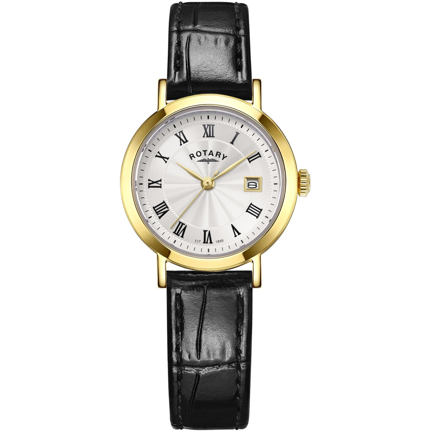 Rotary Heritage LS05423/01 - damski zegarek klasyczny w złotej kopercie PVD z białą tarczą guilloche i czarnym paskiem skórzanym