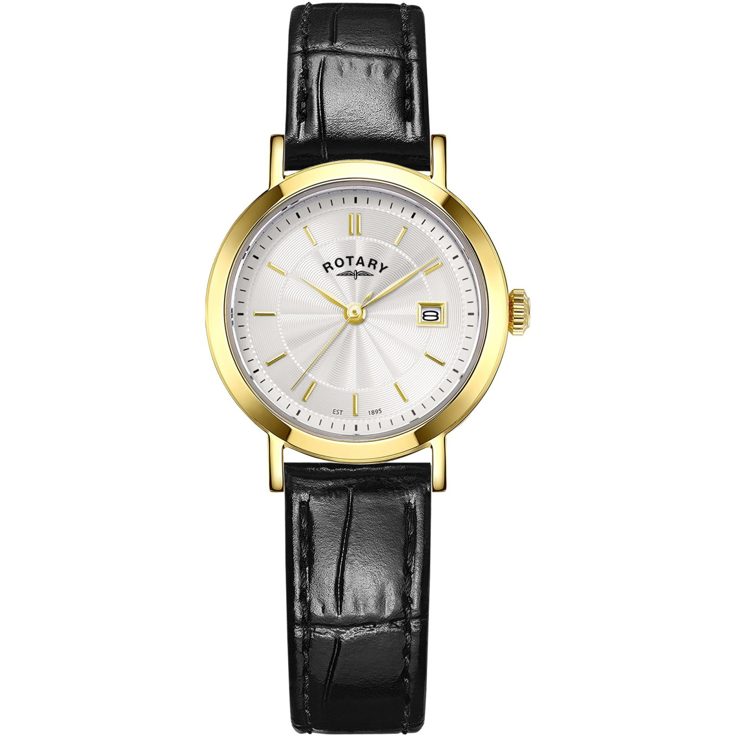 Rotary Windsor LS05423/70 - damski złoty zegarek z białą tarczą guilloche i czarnym paskiem