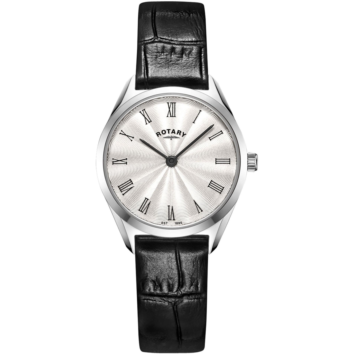 Rotary Ultra Slim LS08010/01 - damski zegarek klasyczny o grubości 5,7 mm ze srebrną tarczą guilloche i czarnym paskiem skórzanym