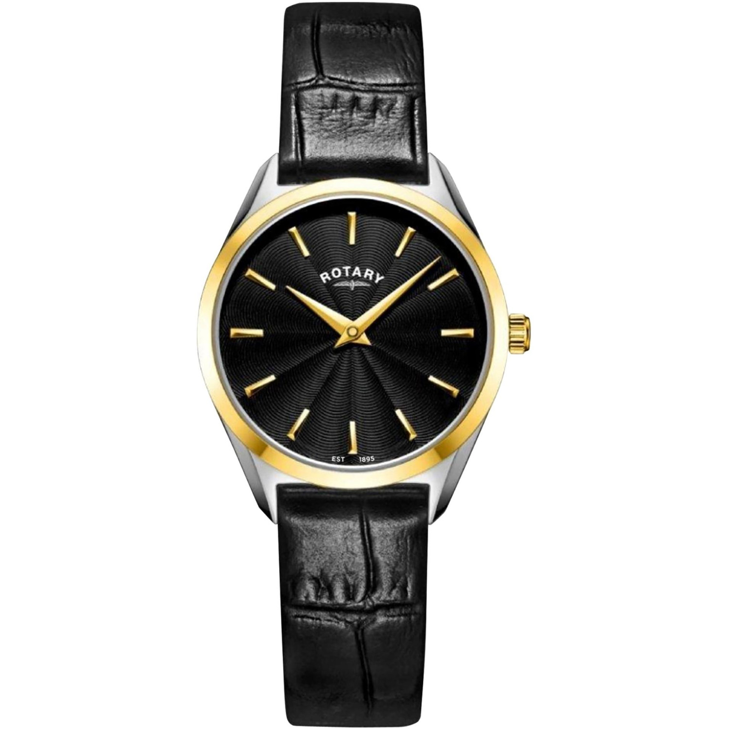 Rotary Ultra Slim LS08011/04 - damski zegarek klasyczny z czarną tarczą guilloche, złotym pierścieniem i czarnym paskiem skórzanym