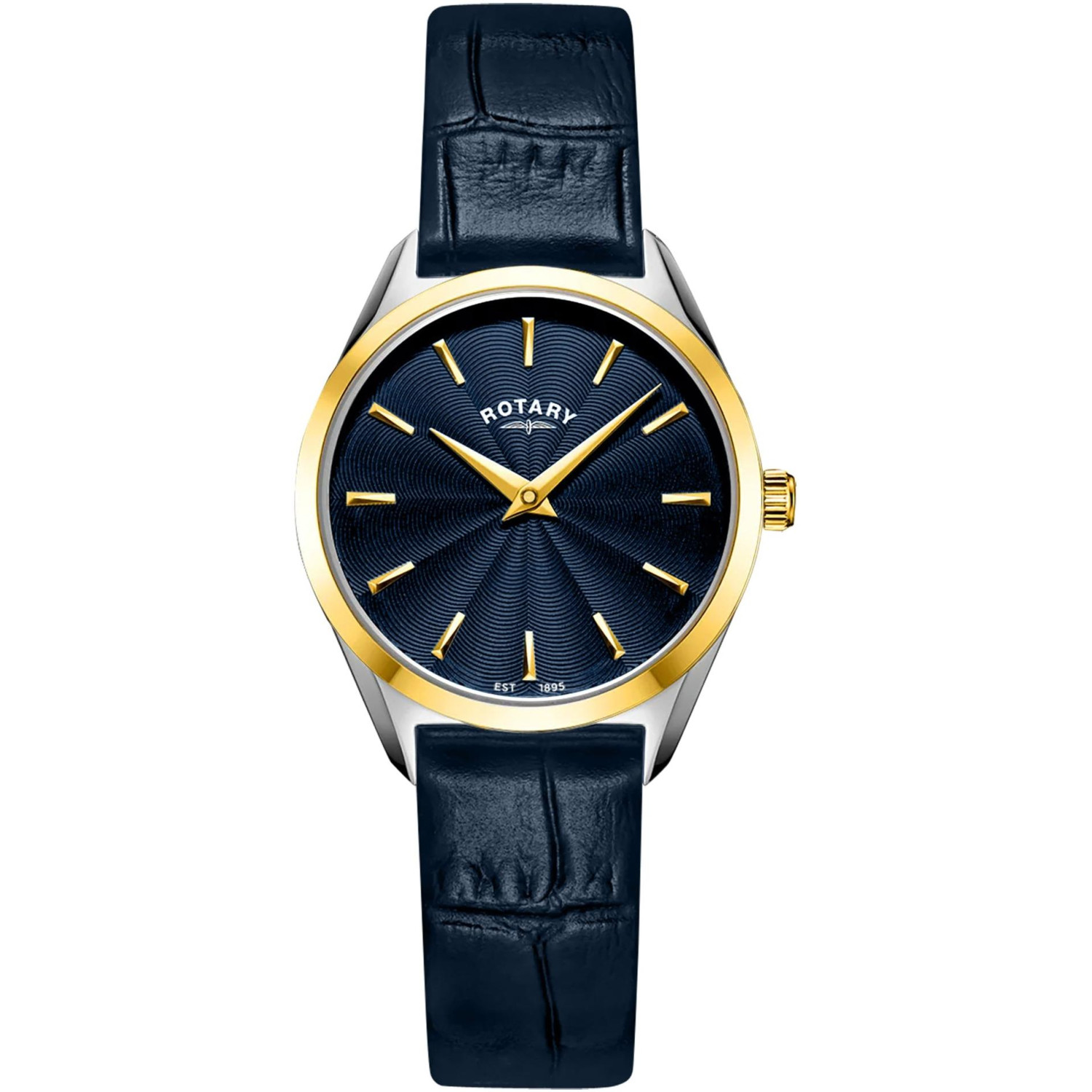 Rotary Ultra Slim LS08011/05 - damski smukły zegarek z granatową tarczą i granatowym paskiem skórzanym