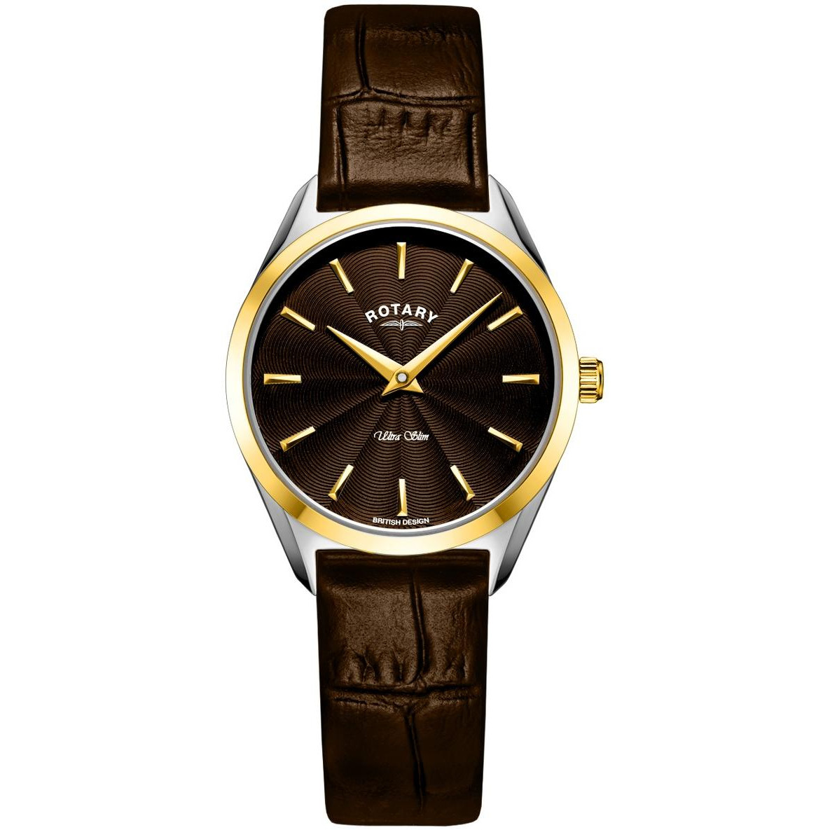 Rotary Ultra Slim LS08011/49 - damski zegarek z brązową gilioszowaną tarczą i brązowym skórzanym paskiem