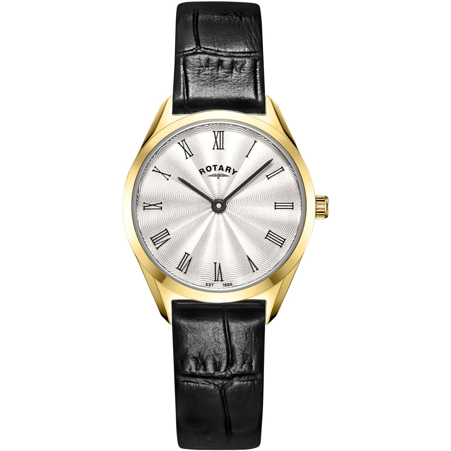 Rotary Ultra Slim LS08013/01 - damski zegarek o grubości 5,7 mm w złotej kopercie PVD ze srebrną tarczą guilloche i czarnym paskiem