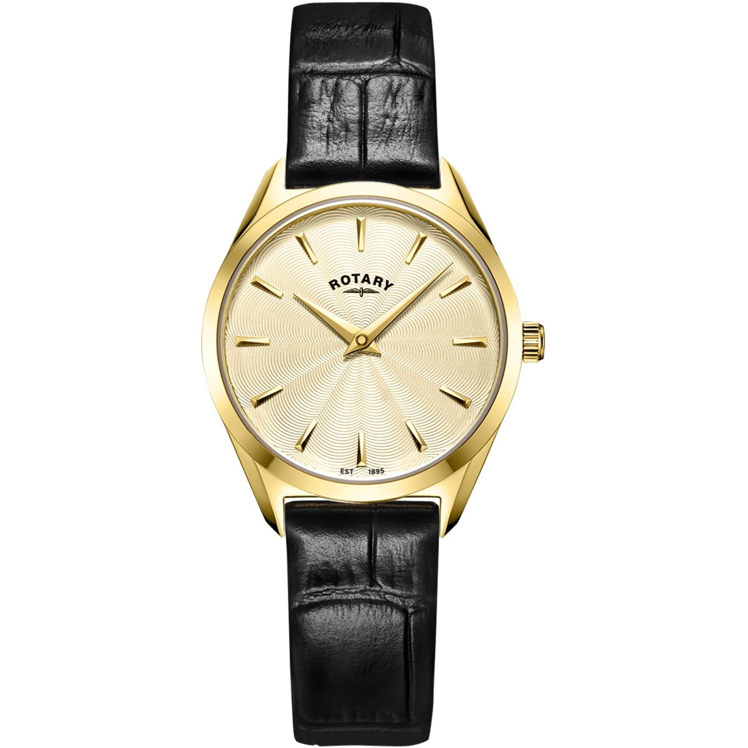Rotary Ultra Slim LS08013/03 - damski zegarek o grubości 5,7 mm w złotej kopercie PVD ze złotą tarczą guilloche i czarnym paskiem