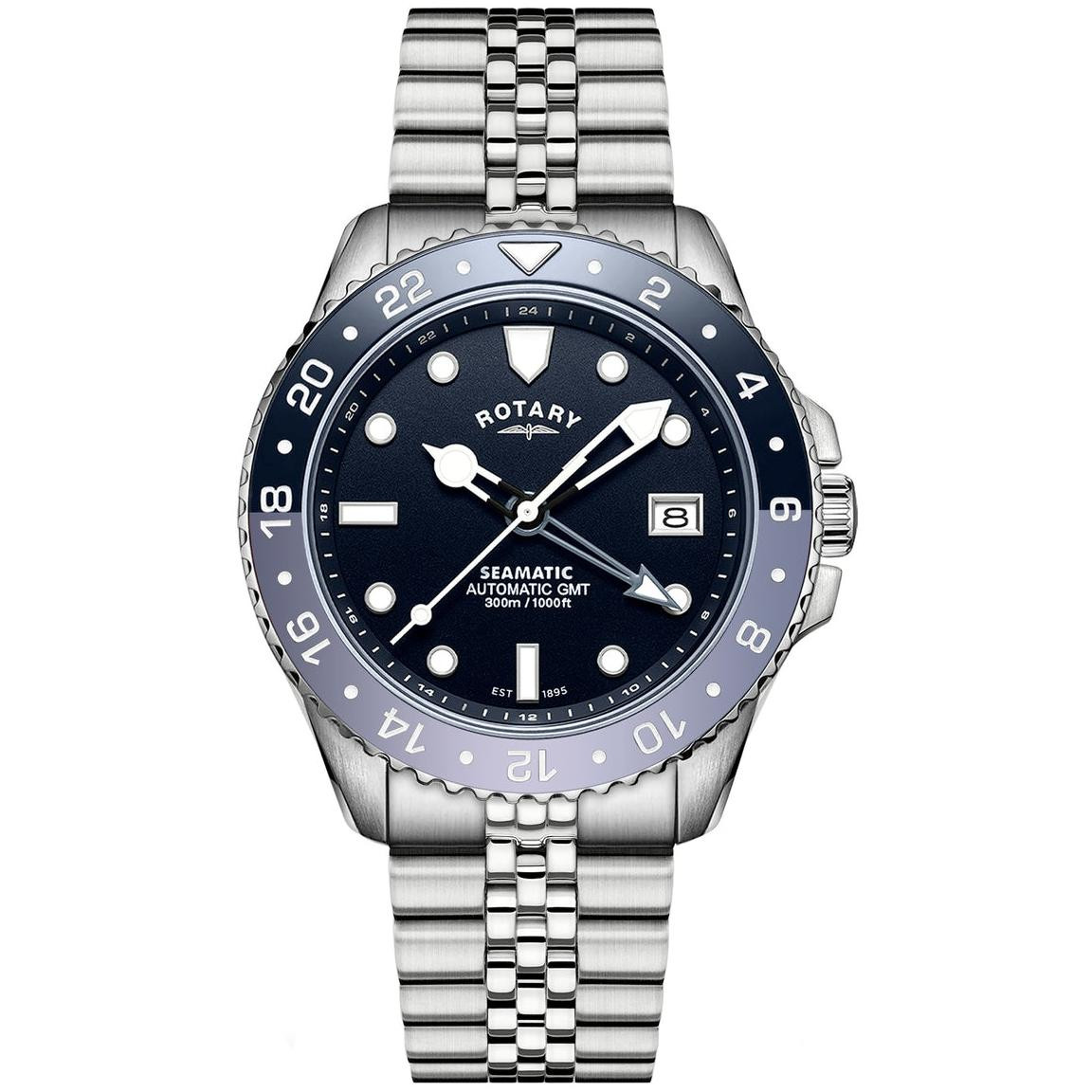 Rotary Seamatic 300 GMT Automatic RGB10005/04 - męski automat nurkowy z niebieską tarczą, dwutonowym bezelem GMT i bransoletą jubilee