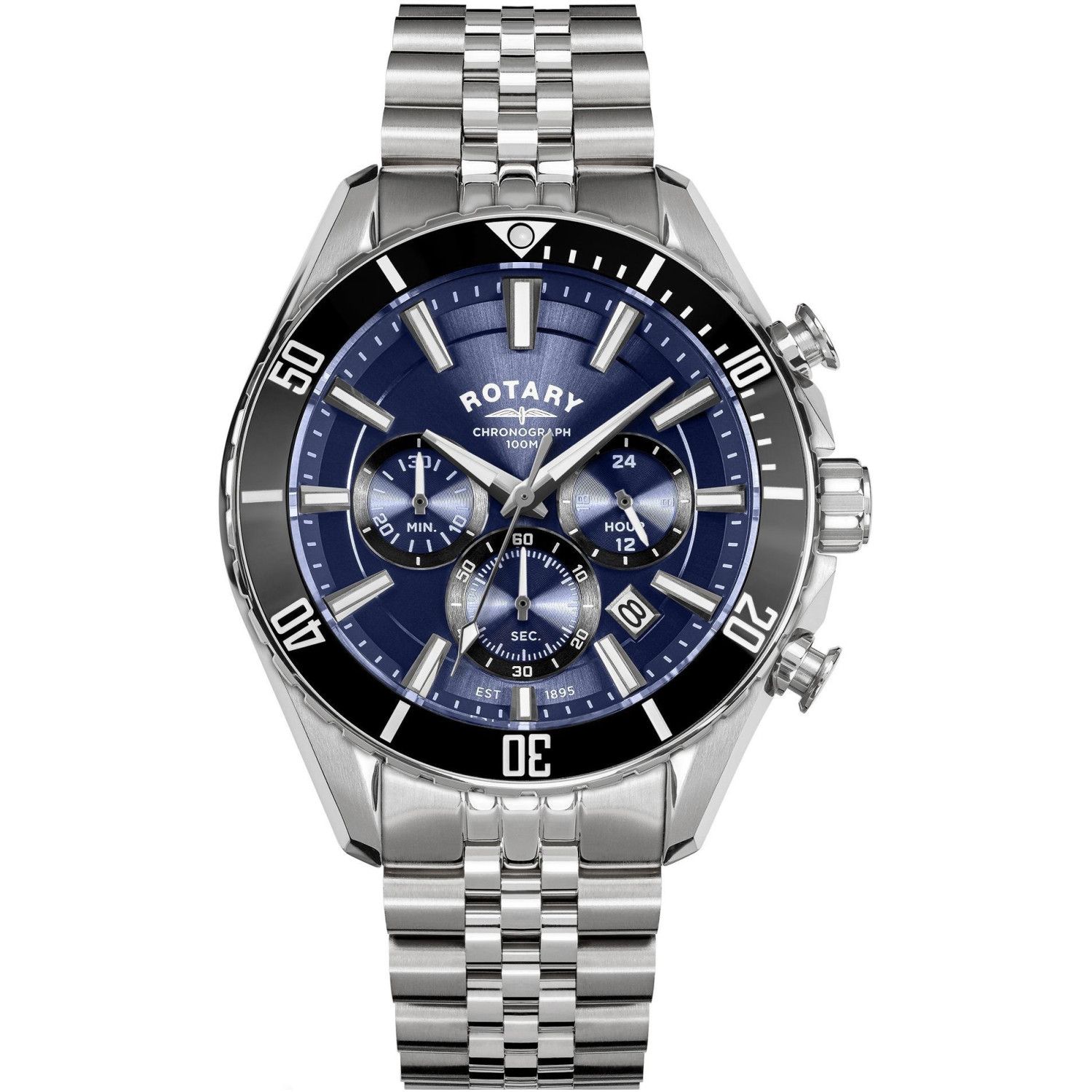 Rotary Apex100 Chronograph RGB10013/05 - męski chronograf z czarnym ceramicznym bezelem, niebieską tarczą i bransoletą jubilee