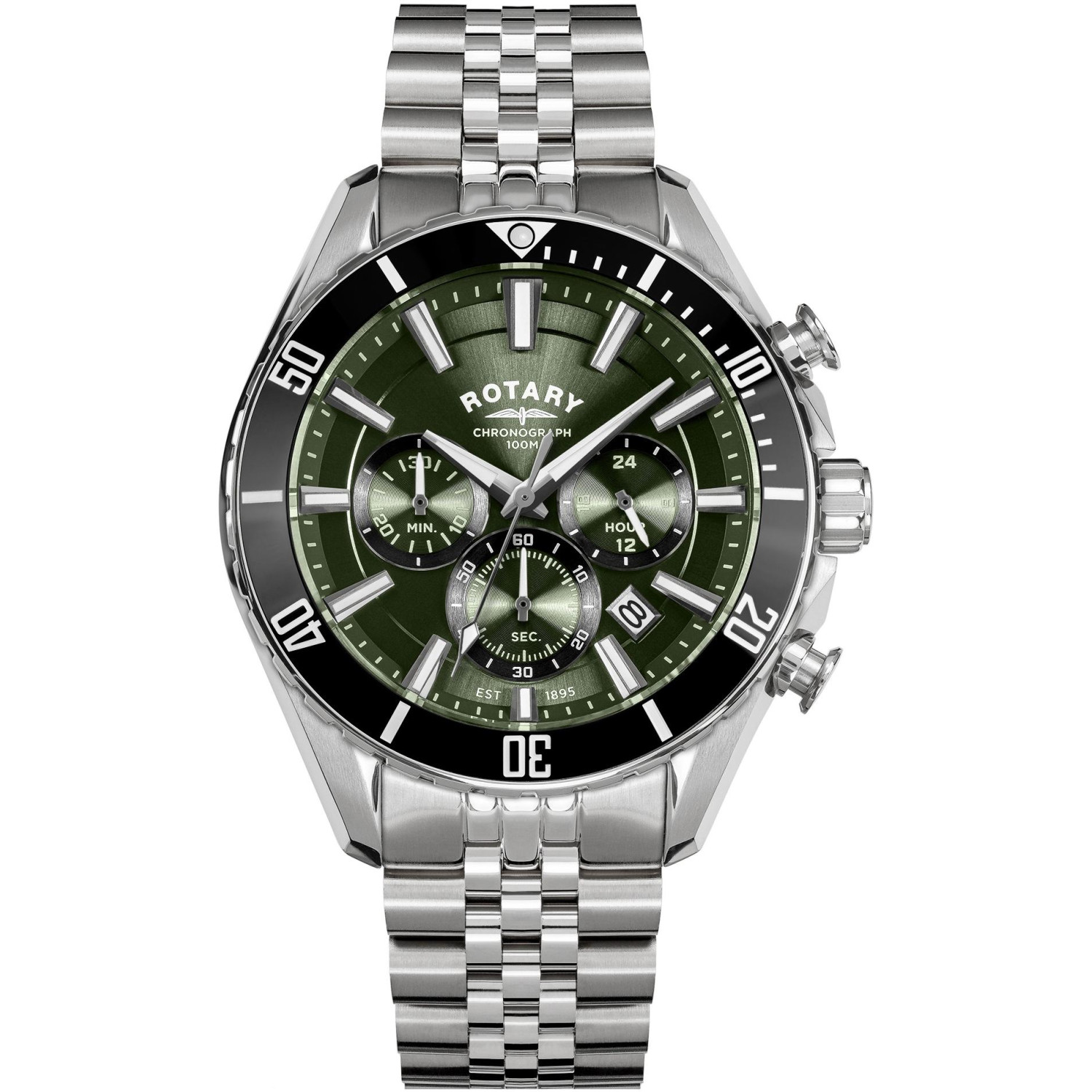 Rotary Apex100 Chronograph RGB10013/24 - męski chronograf z czarnym ceramicznym bezelem, zieloną tarczą i bransoletą jubilee