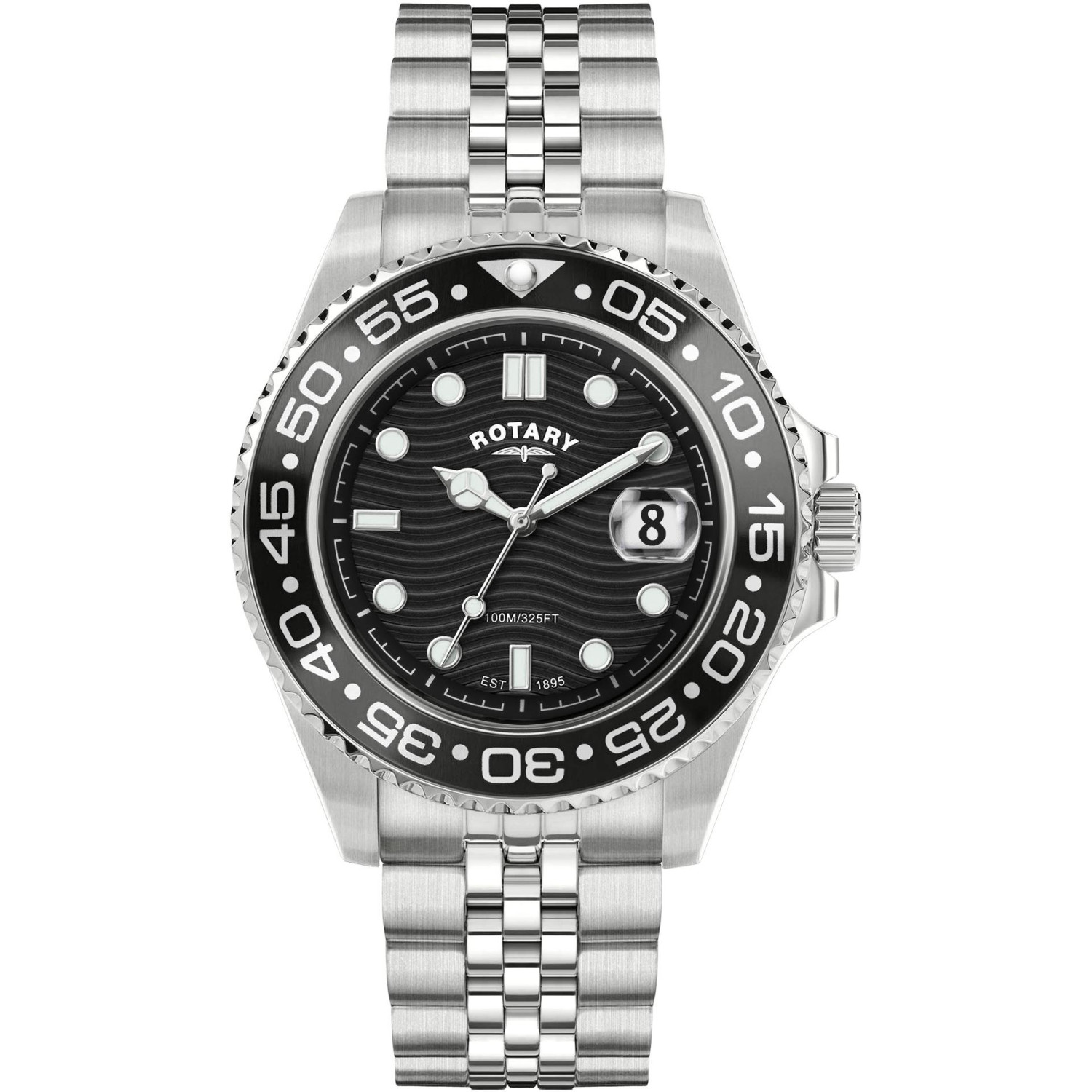 Rotary Apex100 RGB10015/04 - męski zegarek w stylu diver z czarną falowaną tarczą, czarnym bezelem i bransoletą jubilee