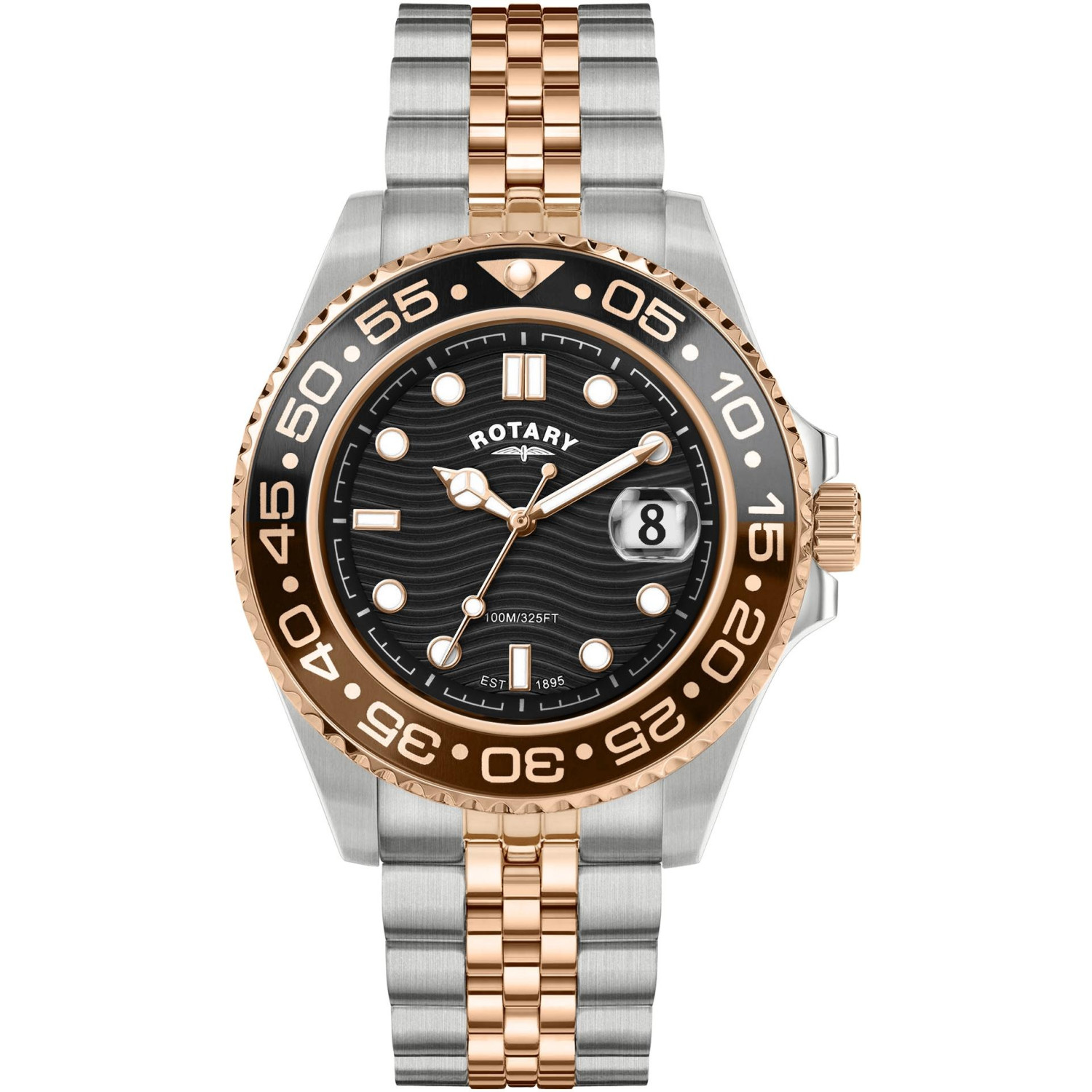 Rotary Apex100 RGB10016/04 - męski zegarek diver two-tone z różowym złotem, czarno-brązowym bezelem i bransoletą jubilee