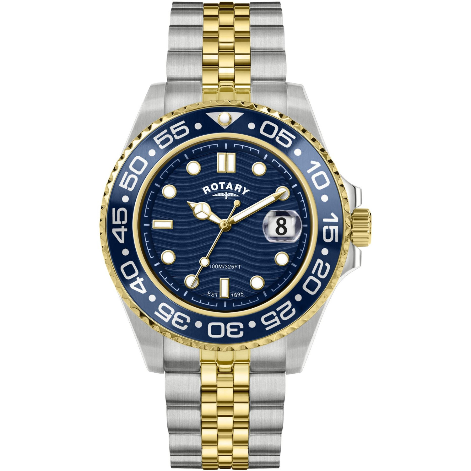 Rotary Apex100 RGB10018/05 - męski zegarek diver two-tone stal-złoto z niebieskim bezelem i niebieską tarczą