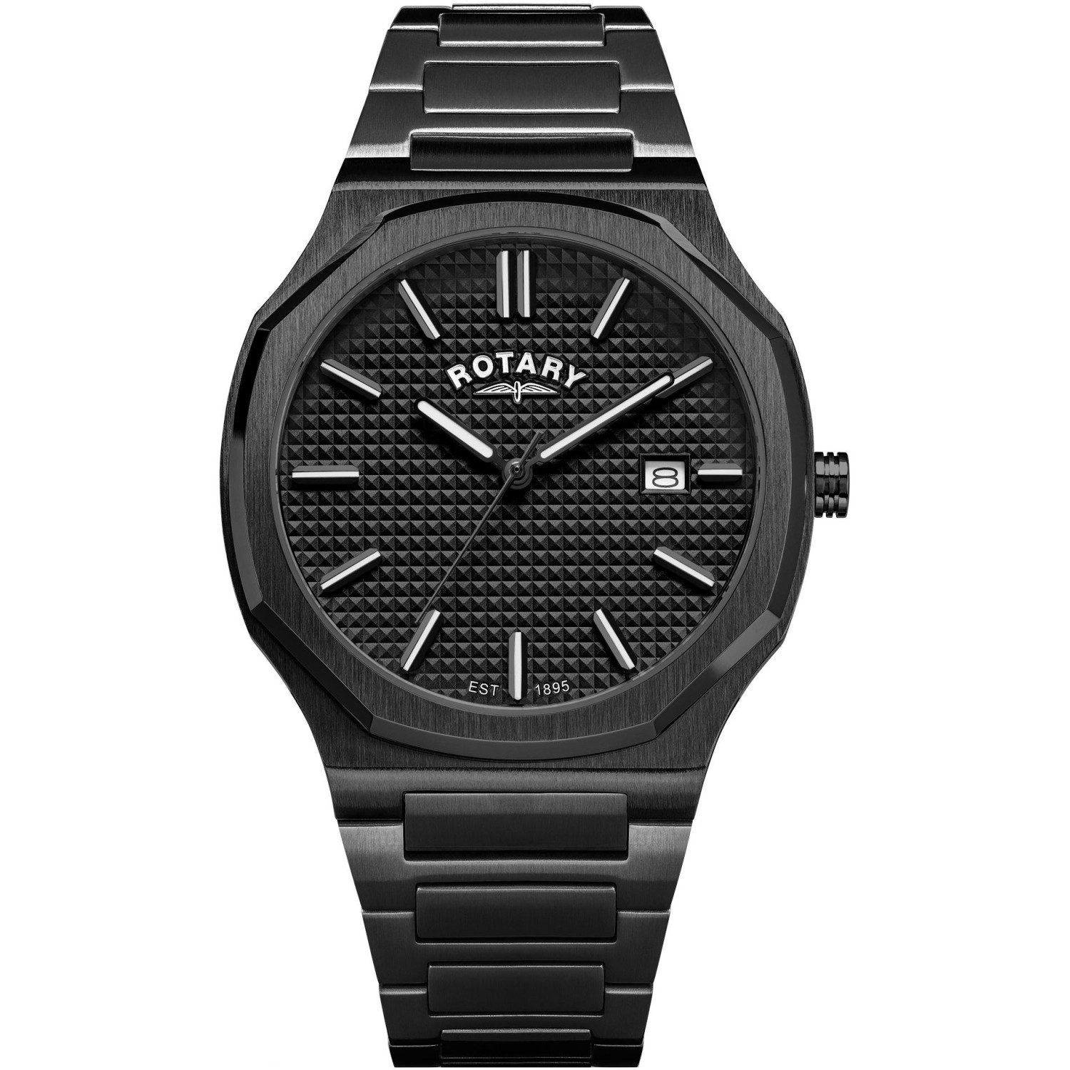 Rotary RGB10020/04 - męski czarny zegarek z ośmiokątną kopertą PVD i zintegrowaną bransoletą