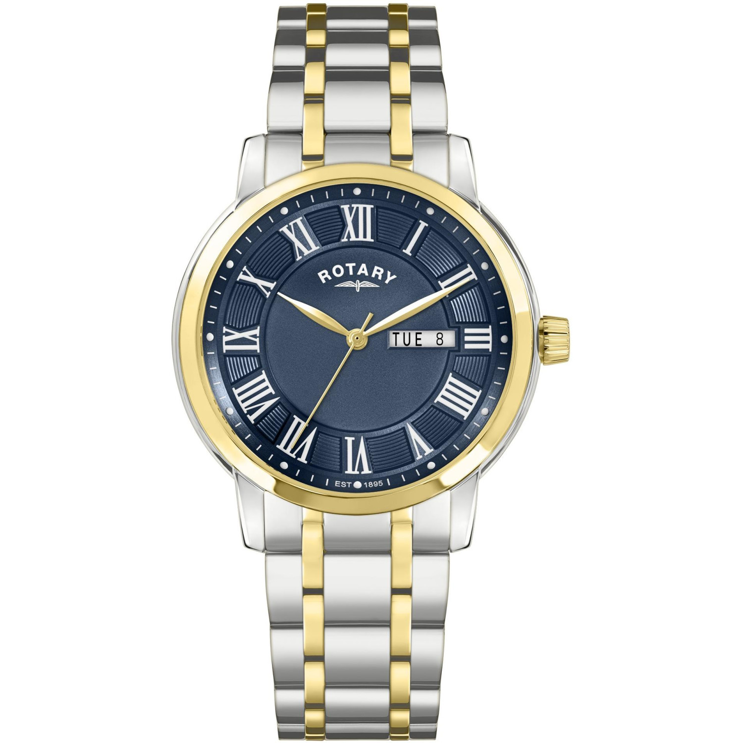 Rotary RGB10021/05 - męski dwutonowy zegarek z granatową tarczą, rzymskimi cyframi i day-date
