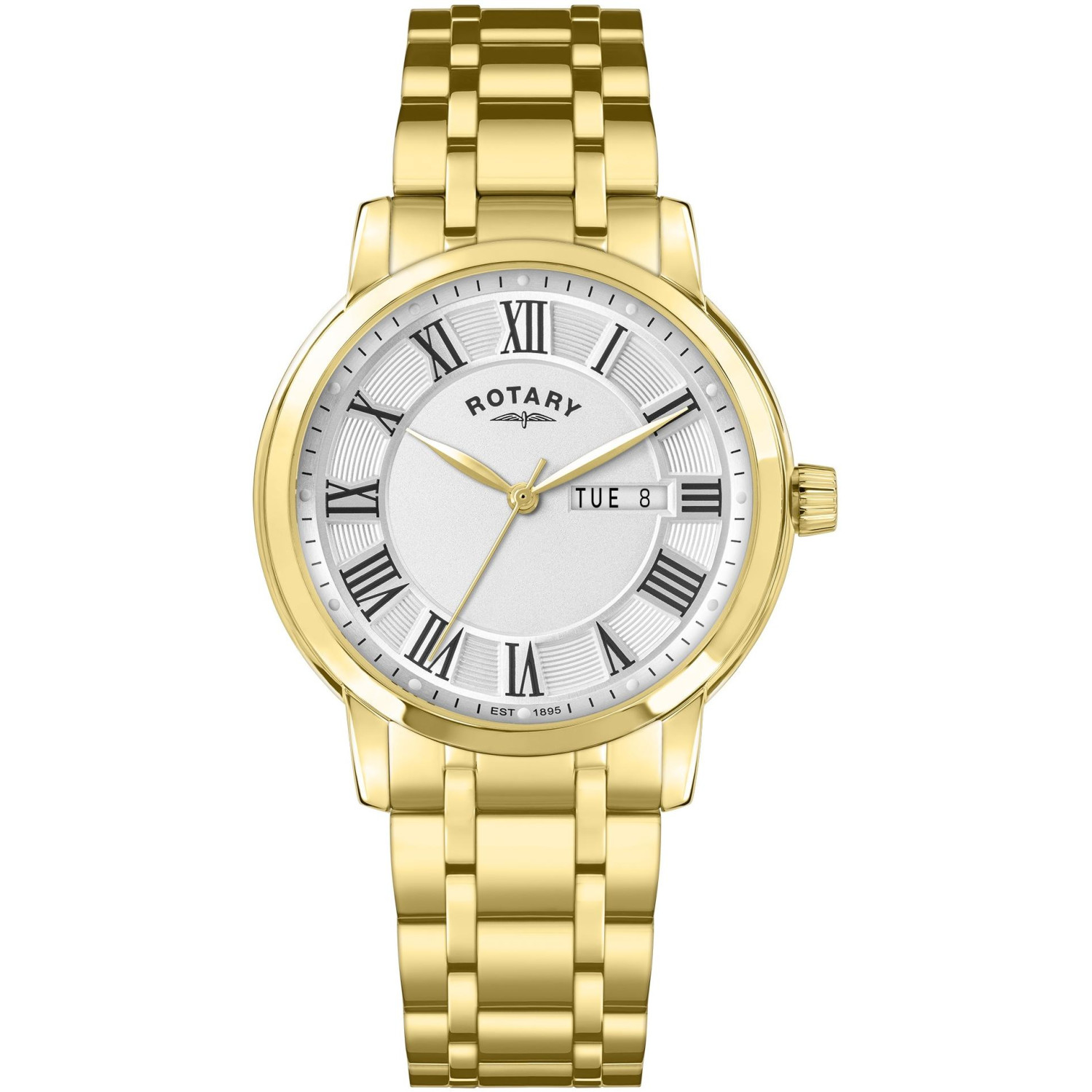 Rotary RGB10022/70 - męski złoty zegarek z białą tarczą, rzymskimi cyframi i day-date