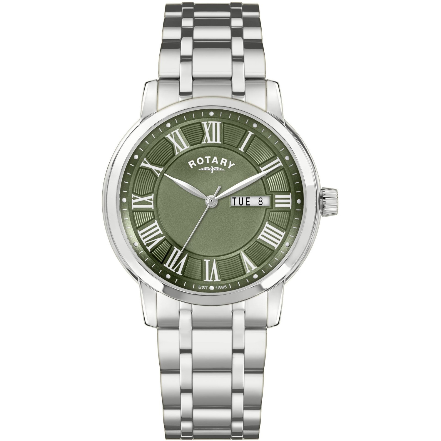 Rotary RGB10023/24 - męski zegarek z oliwkową tarczą, rzymskimi cyframi i day-date