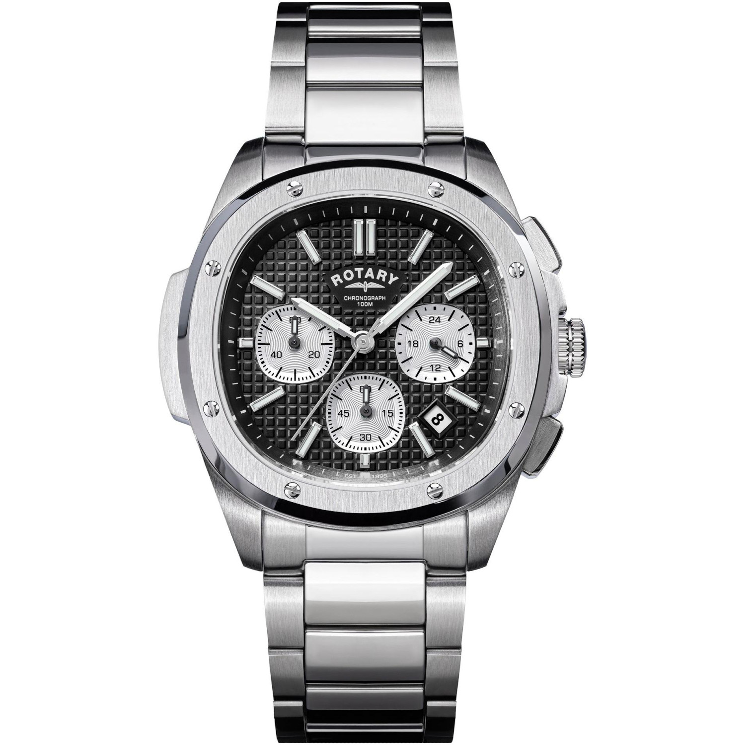 Rotary Apex100 Chronograph RGB10027/04 - męski chronograf z czarną tarczą tapisserie i stalową bransoletą
