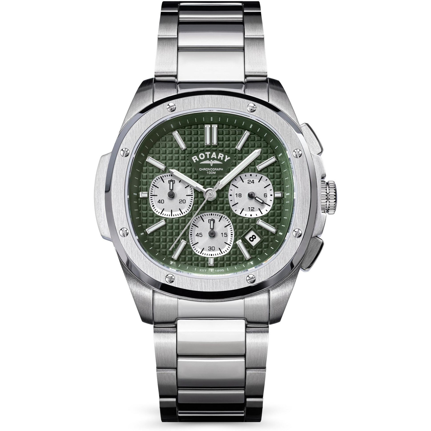 Rotary Apex100 Chronograph RGB10029/24 - męski chronograf z zieloną tarczą tapisserie i stalową bransoletą