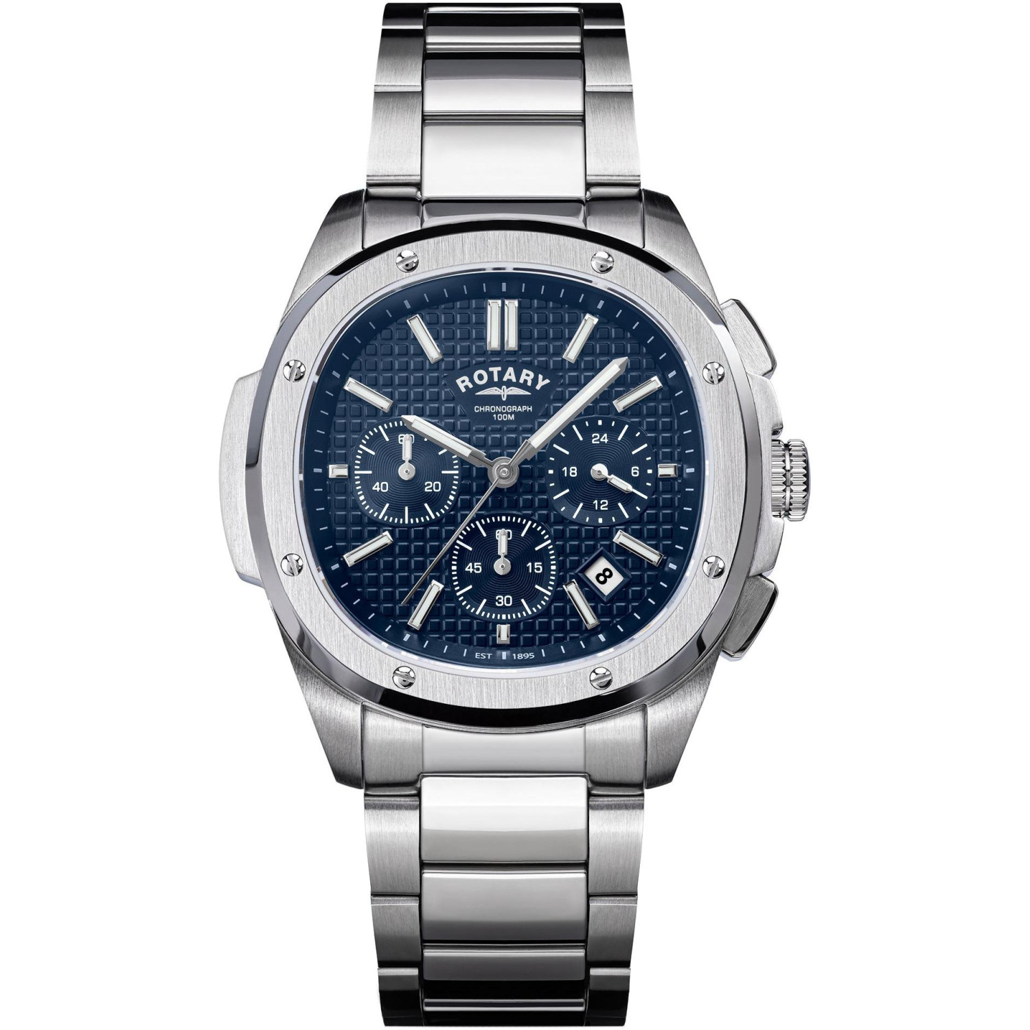 Rotary Apex100 Chronograph RGB10031/05 - męski chronograf z niebieską tarczą tapisserie i stalową bransoletą