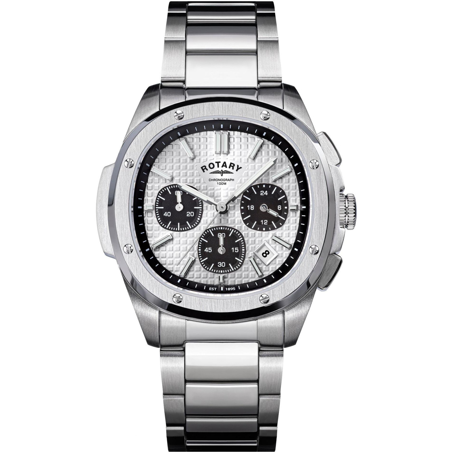 Rotary Apex100 Chronograph RGB10031/07 - męski chronograf z białą tarczą tapisserie i stalową bransoletą