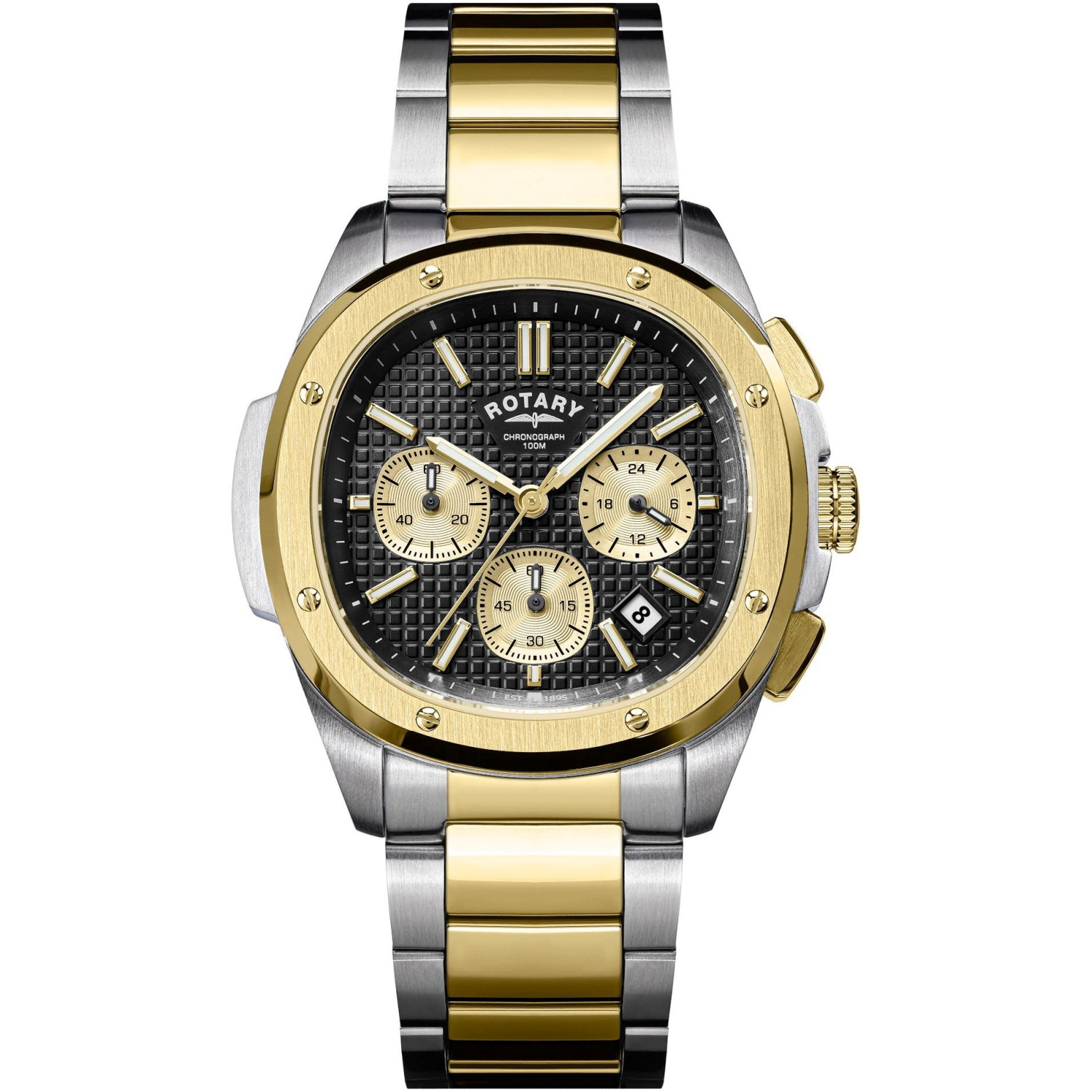 Rotary Apex100 Chronograph RGB10032/04 - męski chronograf two-tone stal-złoto z czarną tarczą i złotymi licznikami