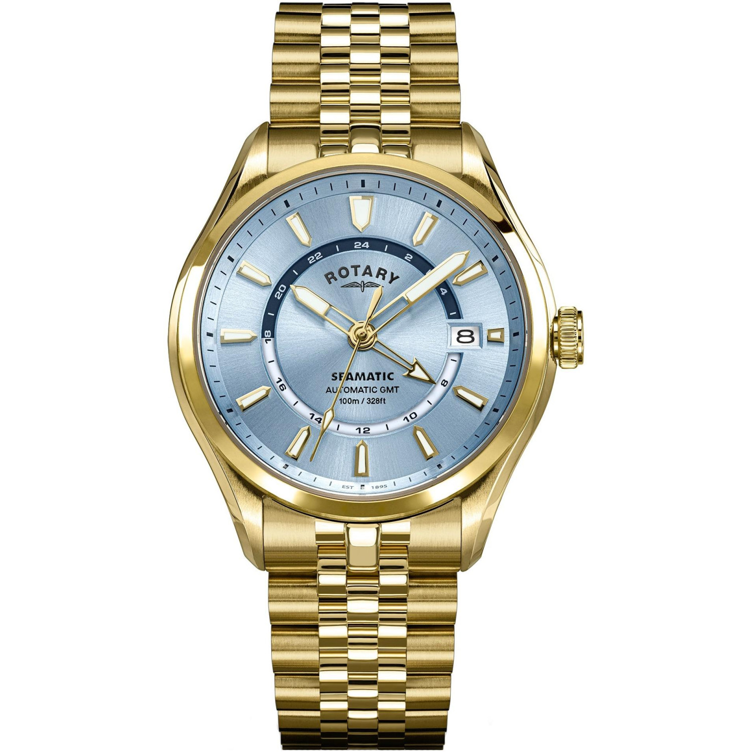 Rotary Seamatic 100 GMT RGB10044/57 - męski złoty automat GMT z błękitną tarczą