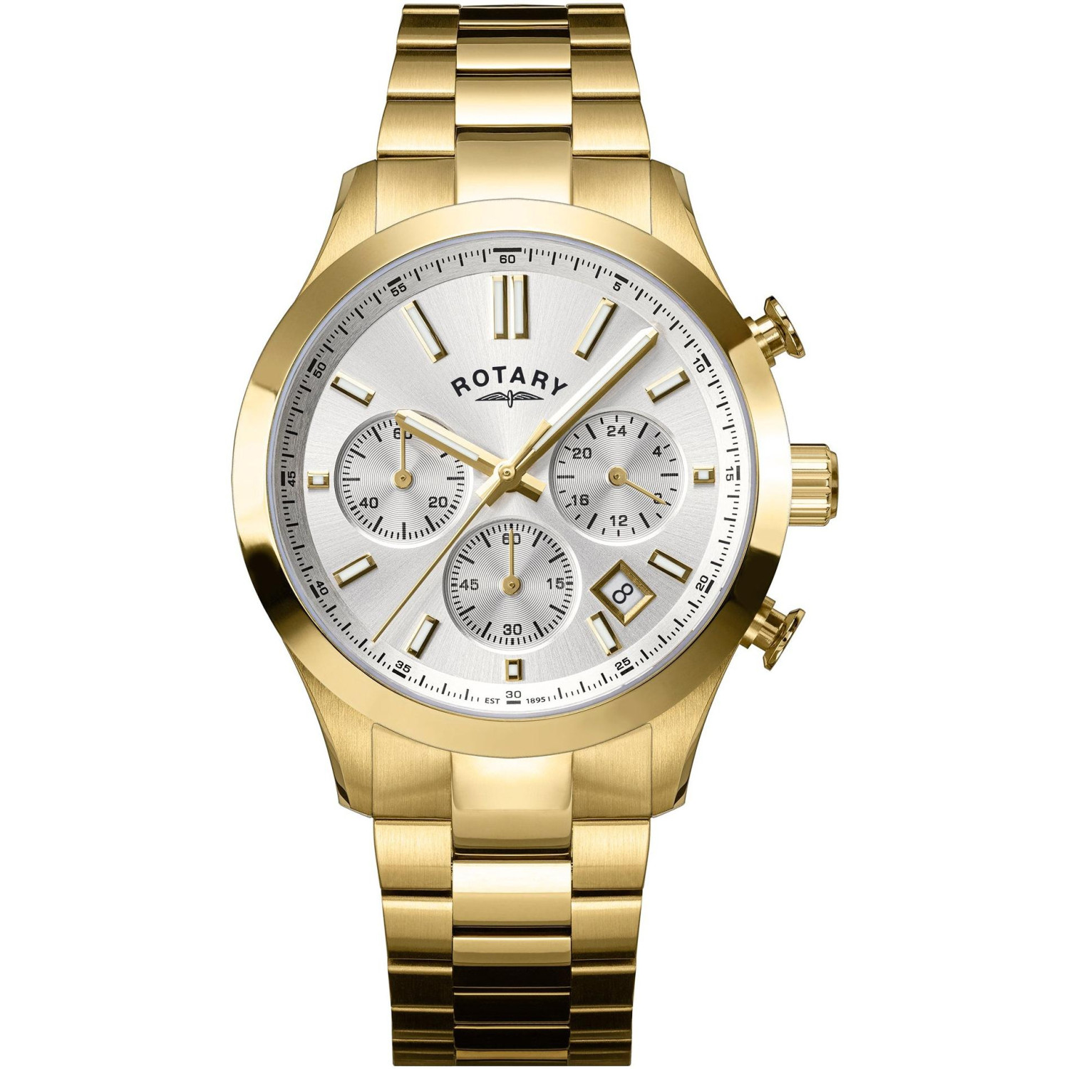 Rotary Heritage Chronograph RGB10056/70 - męski złoty chronograf ze srebrną tarczą sunray i złotą bransoletą