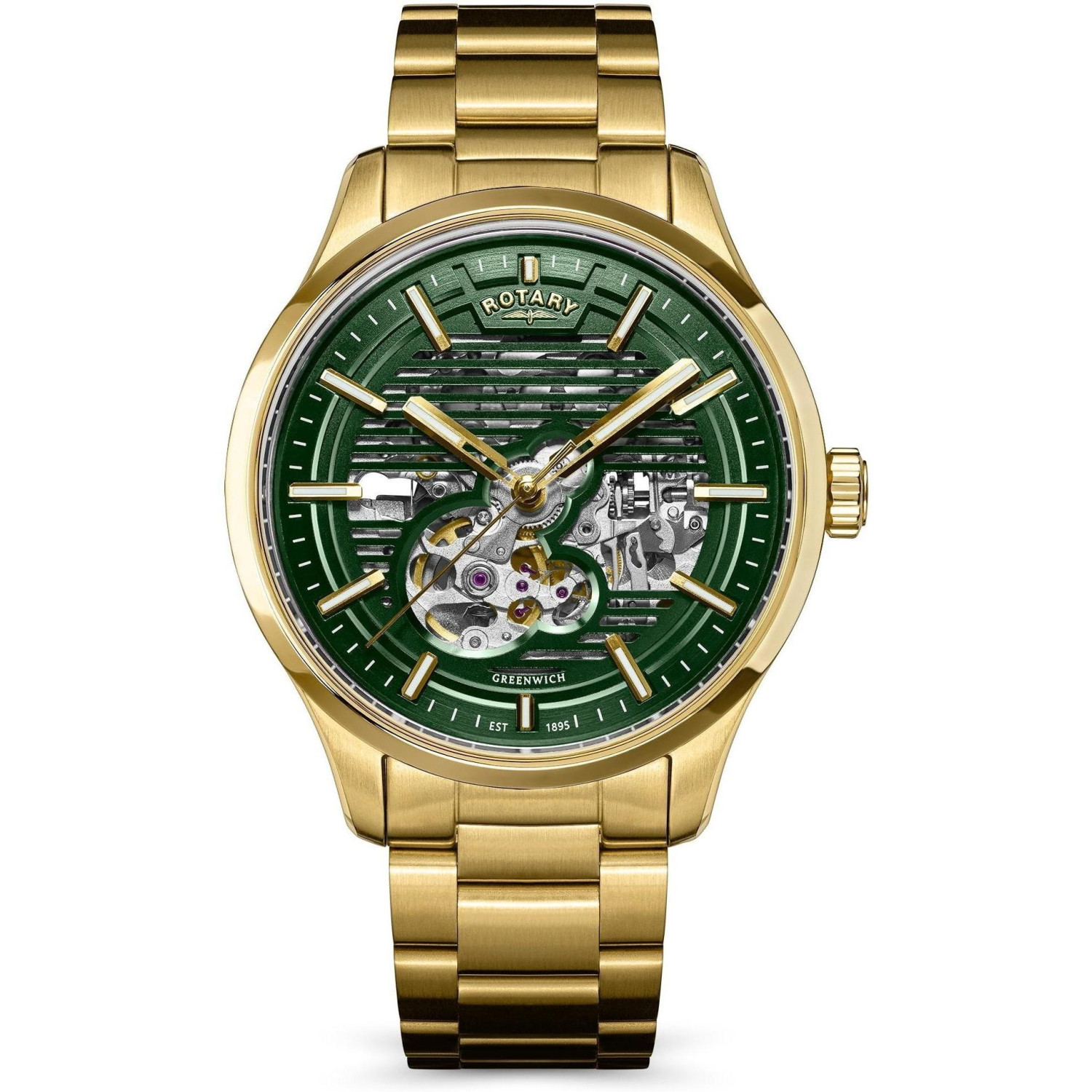 Rotary Greenwich GT1 RGB10074/24 - męski złoty automat z zieloną lamelową tarczą semi-skeleton na bransolecie