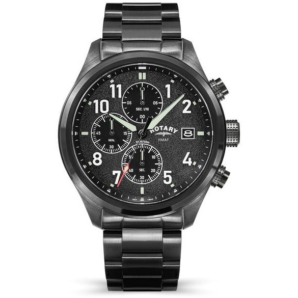 Zegarek Rotary x MoD RAF Pilot Chronograph RGB90009/04R - grafitowa koperta i bransoleta PVD, czarna tarcza z białymi cyframi i zielonym lume wskazówek