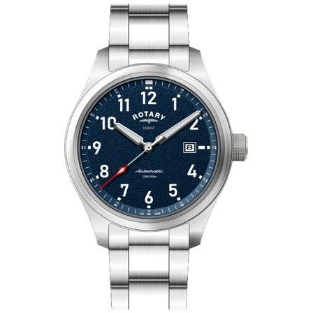 Zegarek Rotary x MoD RAF Pilot Automatic RGB90010/05R - granatowa tarcza z cyframi arabskimi na stalowej bransolecie