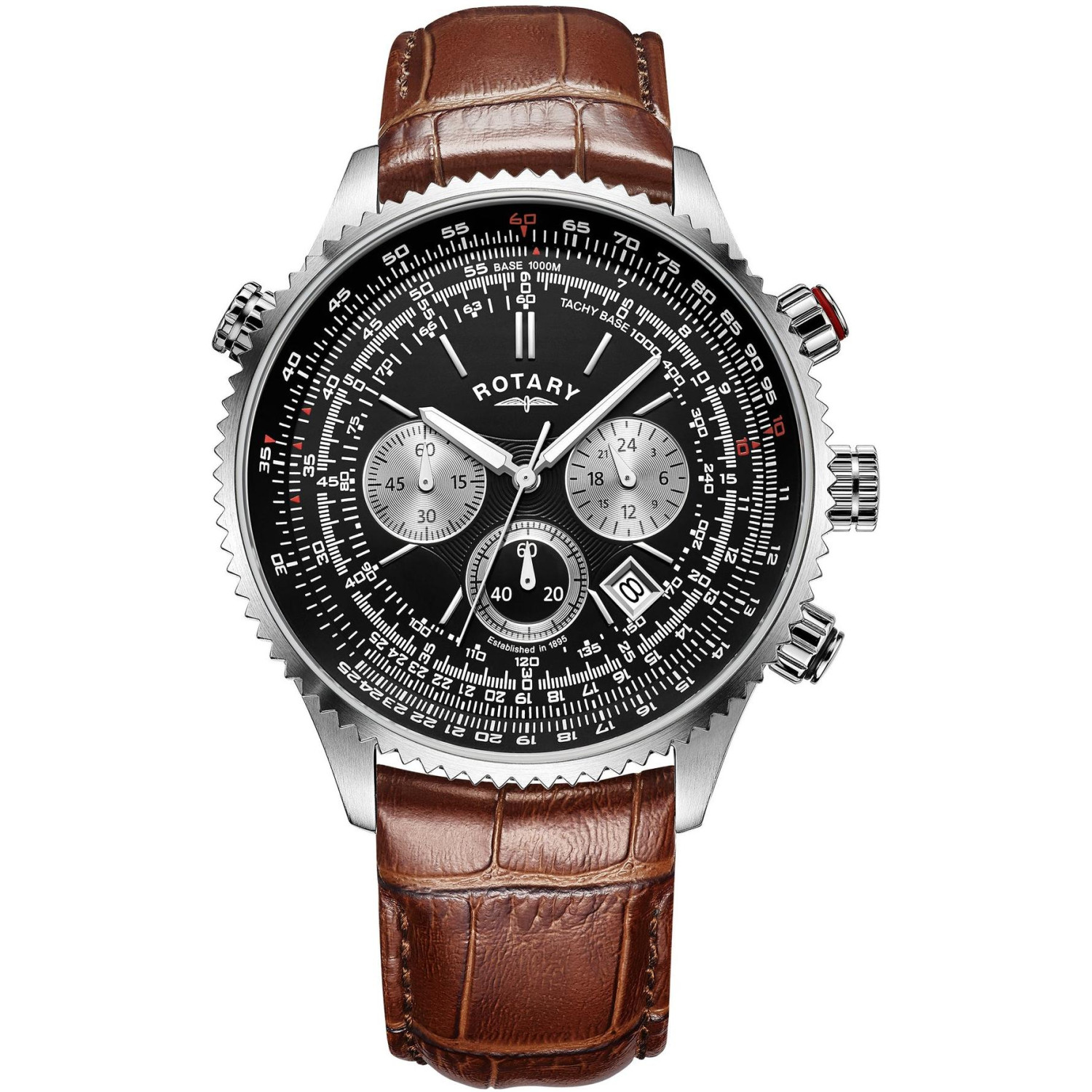 Rotary RGS00100/04 - męski chronograf lotniczy z suwakiem logarytmicznym, czarną tarczą i brązowym paskiem