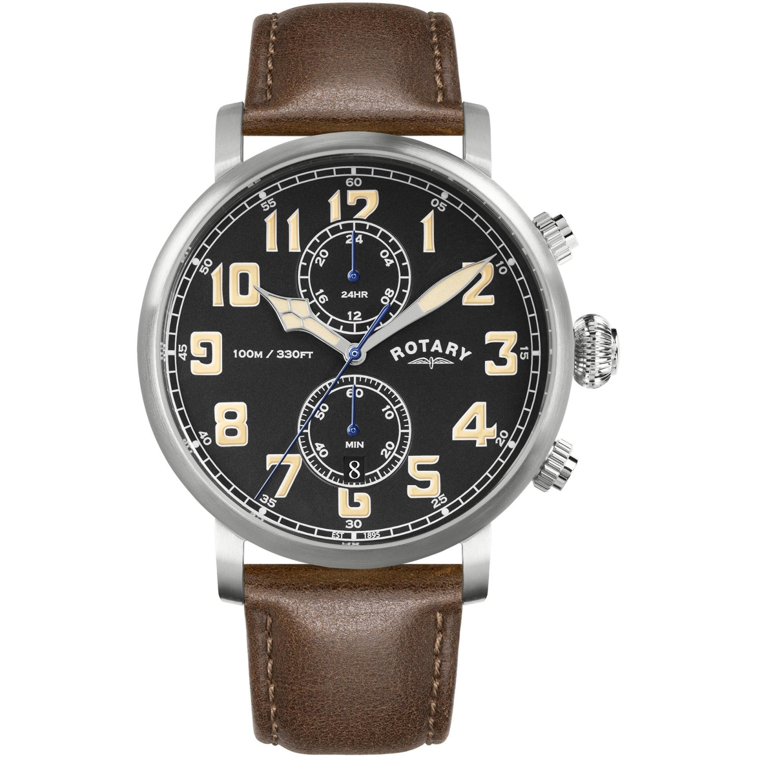 Rotary Apex100 Pilot RGS10000/04 - męski zegarek lotniczy z czarną tarczą, dużymi cyframi i brązowym paskiem skórzanym